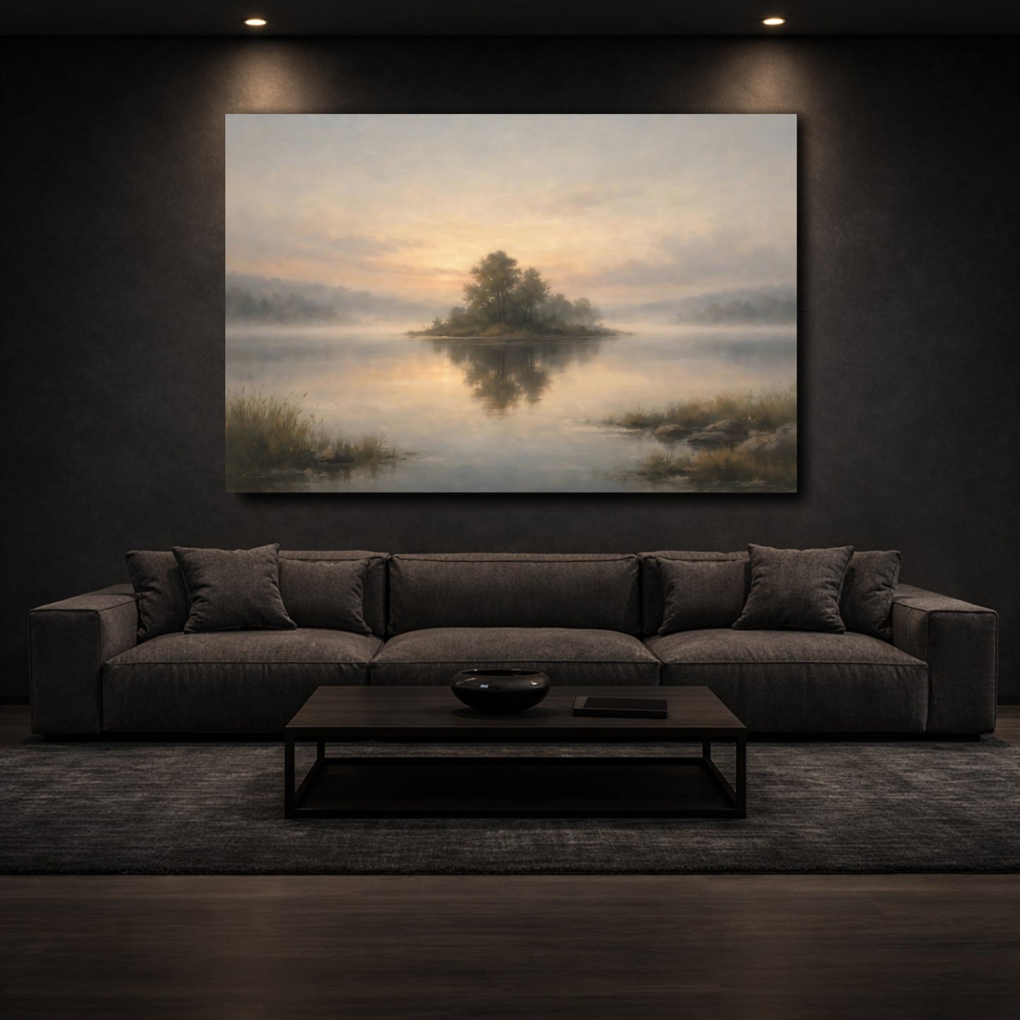Mockup 2. Nature Misty Island Misty Lake Landscape shown as stretched canvas wall art