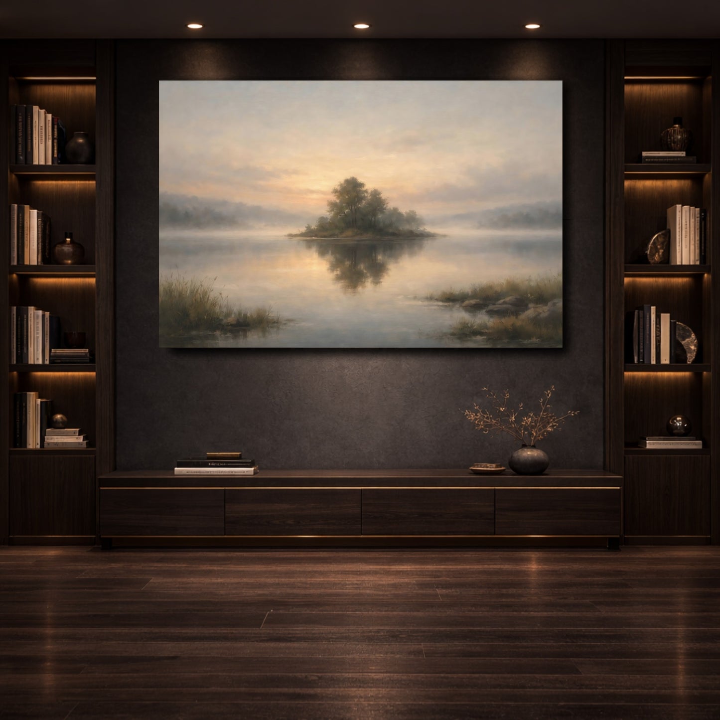 Mockup 3. Nature Misty Island Misty Lake Landscape shown as stretched canvas wall art