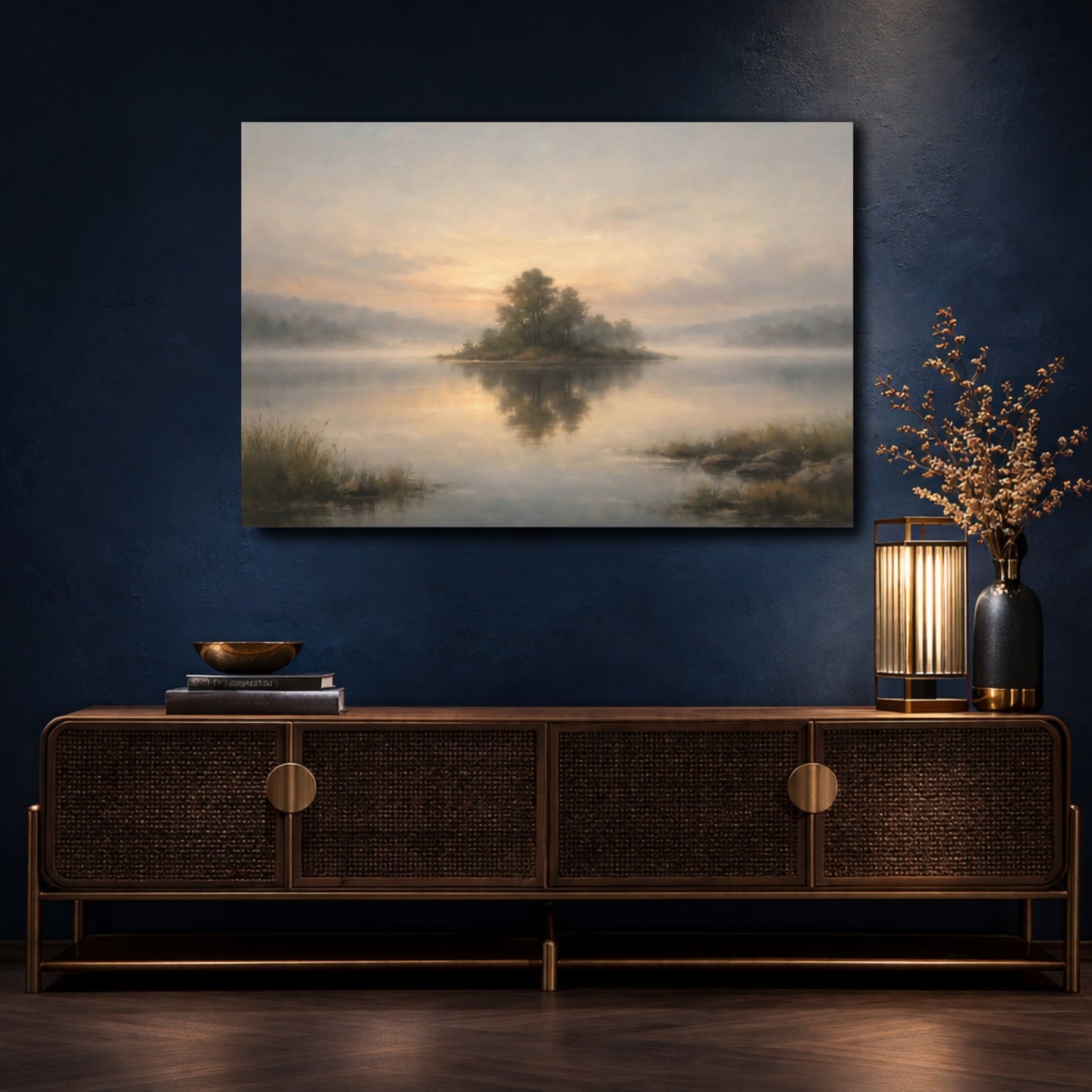 Mockup 4. Nature Misty Island Misty Lake Landscape shown as stretched canvas wall art