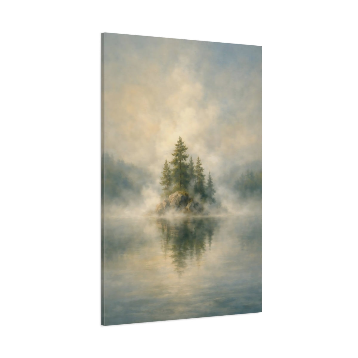 Main Mockup. Nature Misty Island Misty Landscape shown as stretched canvas wall art