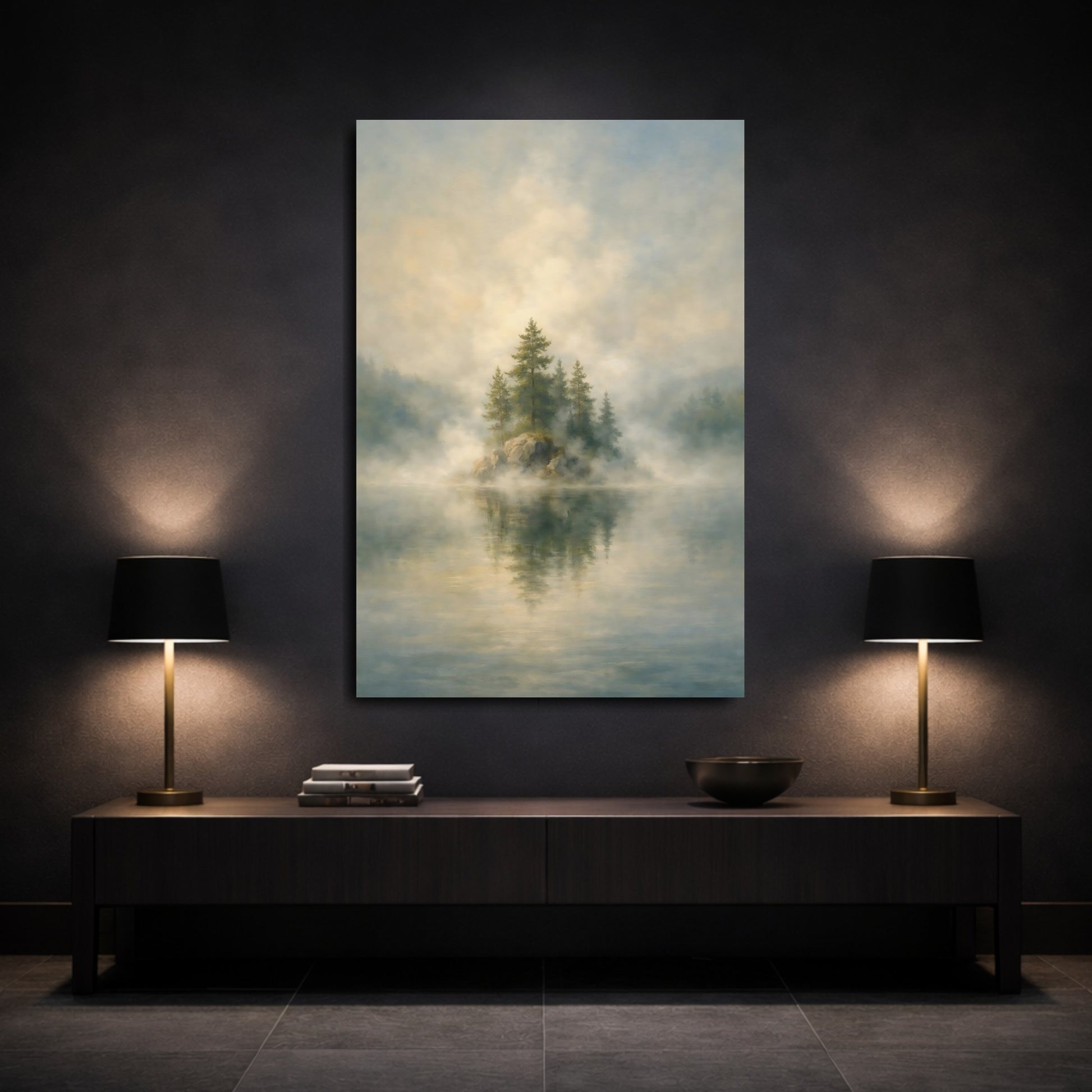 Mockup 2. Nature Misty Island Misty Landscape shown as stretched canvas wall art