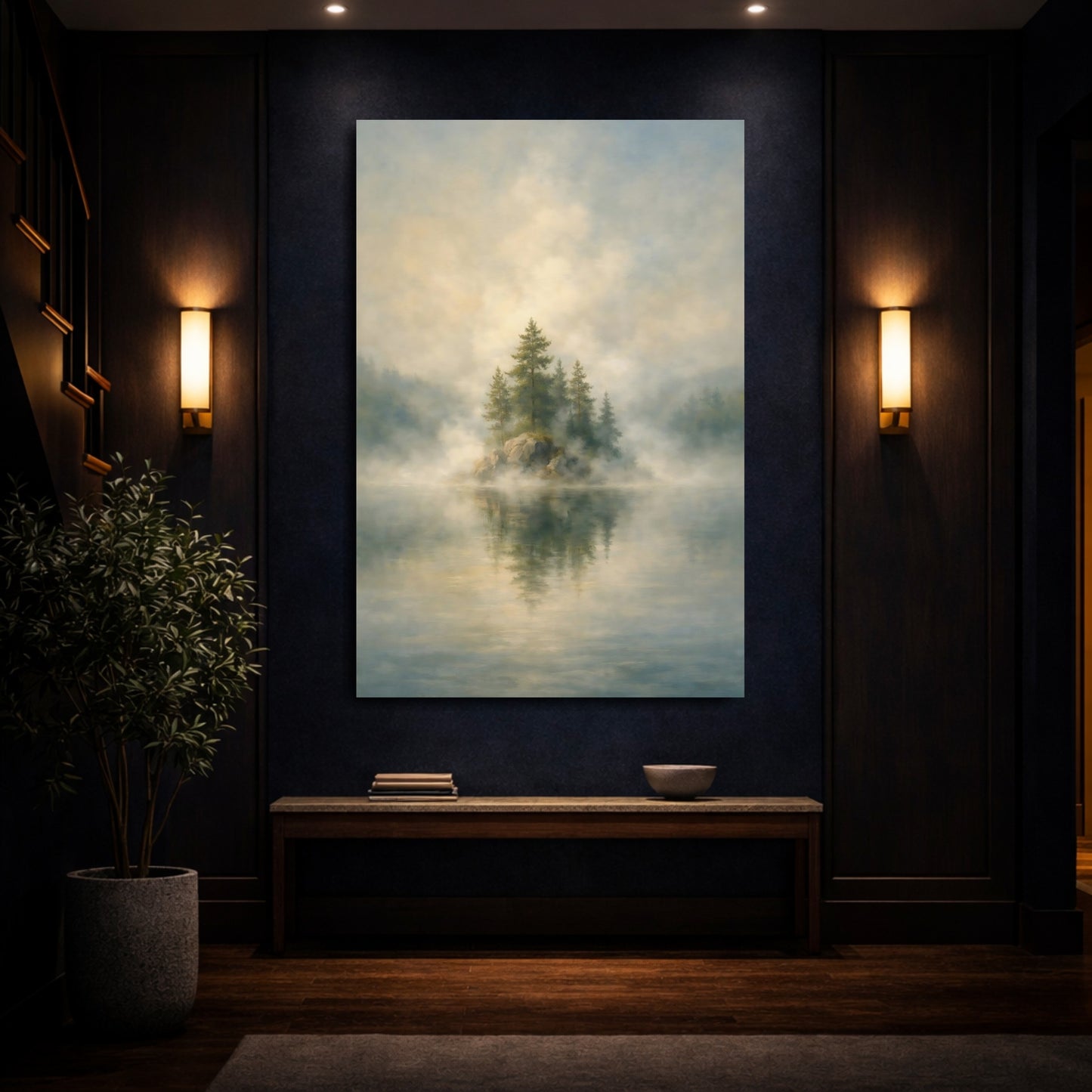 Mockup 3. Nature Misty Island Misty Landscape shown as stretched canvas wall art
