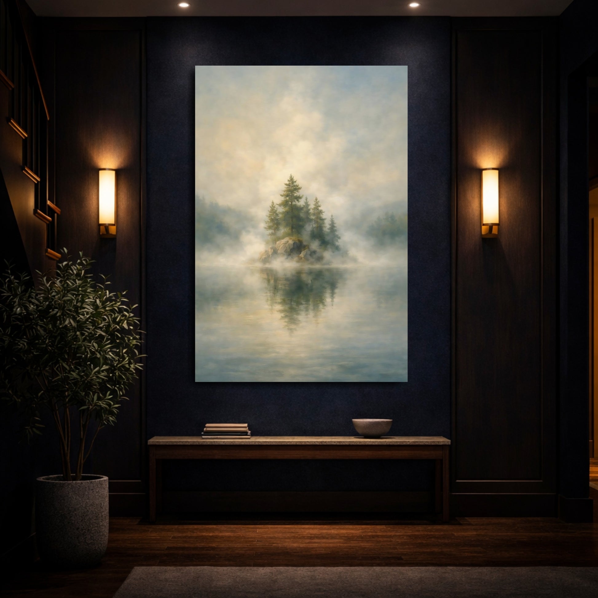 Mockup 3. Nature Misty Island Misty Landscape shown as stretched canvas wall art