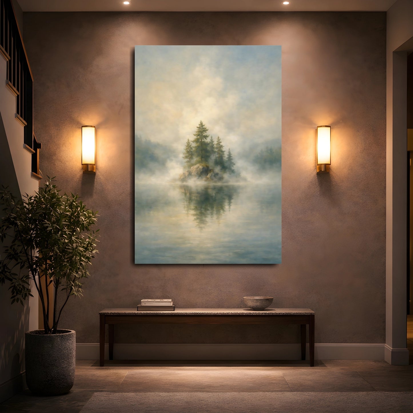 Mockup 4. Nature Misty Island Misty Landscape shown as stretched canvas wall art