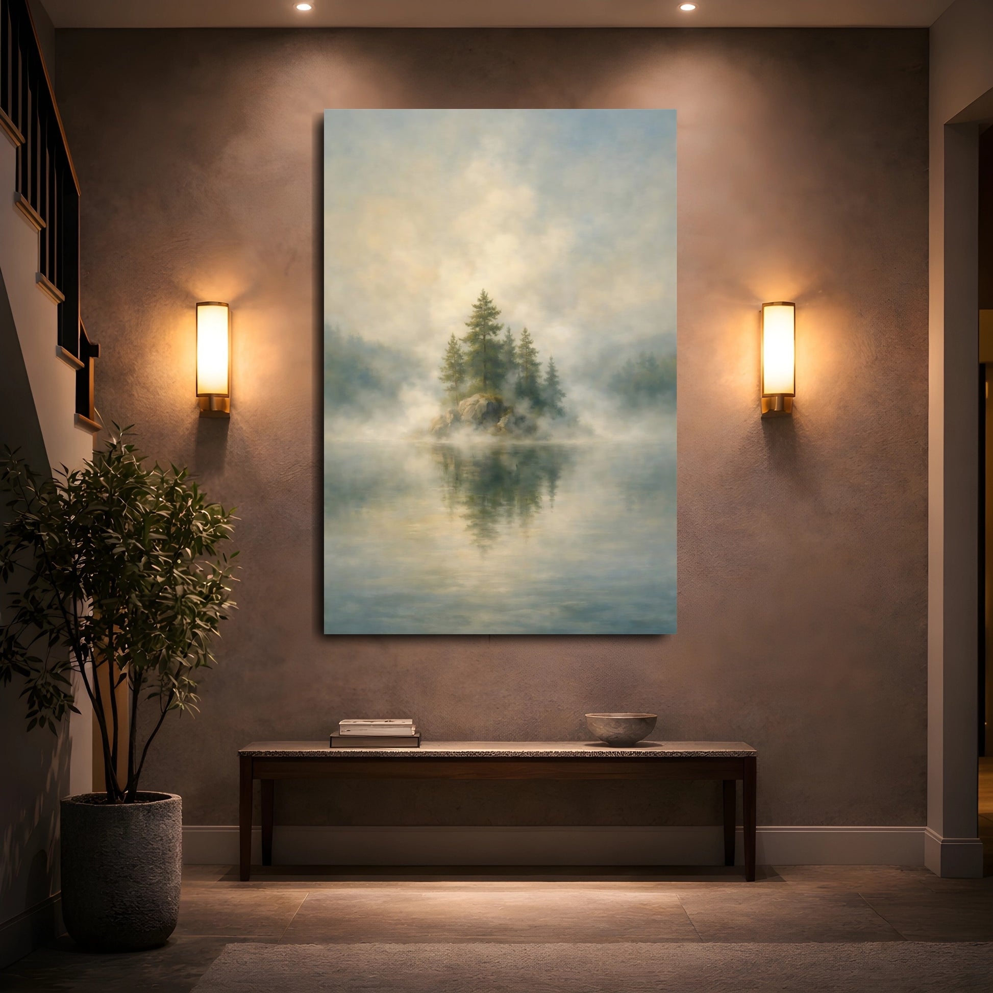 Mockup 4. Nature Misty Island Misty Landscape shown as stretched canvas wall art