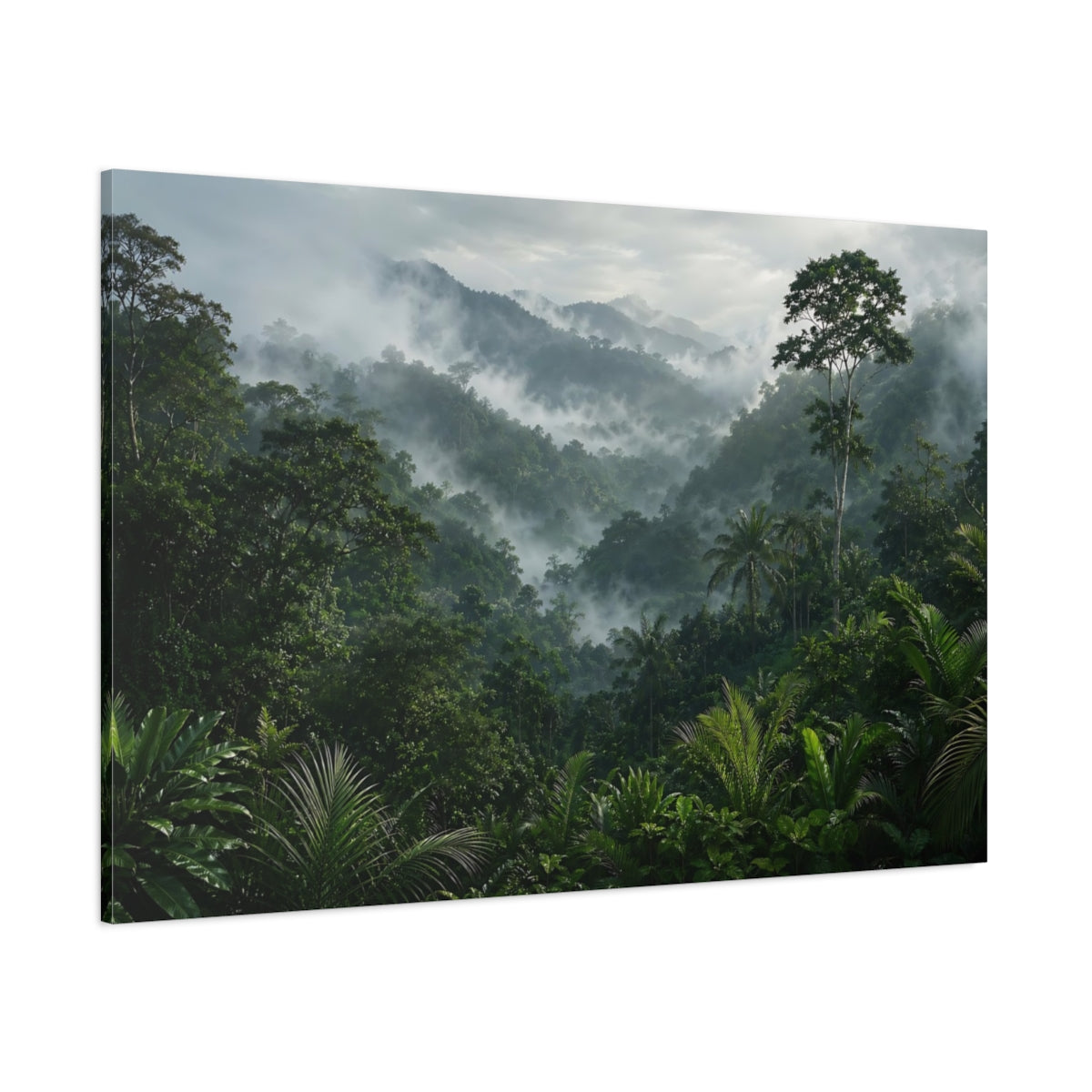 Side Mockup 1. Nature Misty Jungle Misty Green Forest shown as stretched canvas wall art