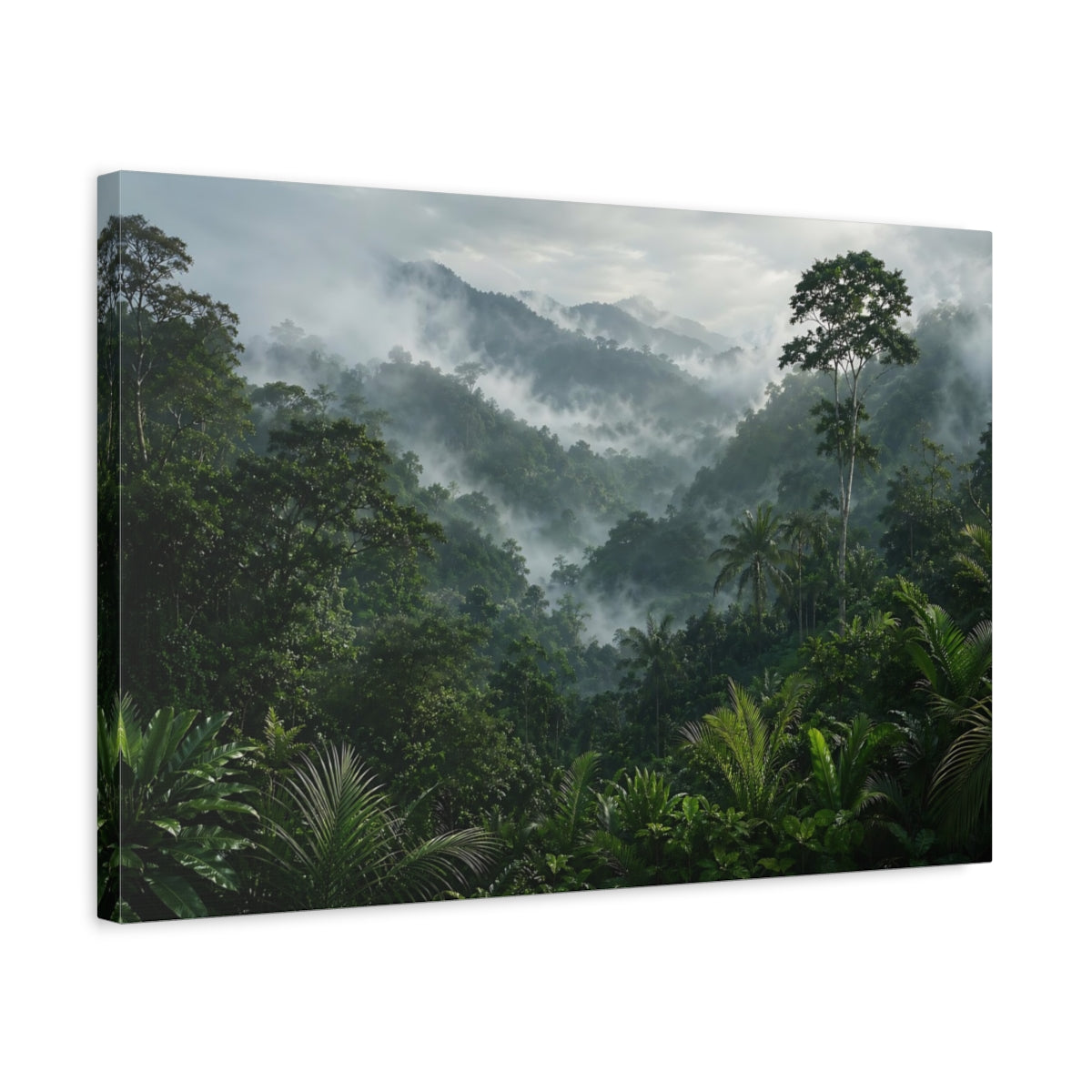 Side Mockup 3. Nature Misty Jungle Misty Green Forest shown as stretched canvas wall art