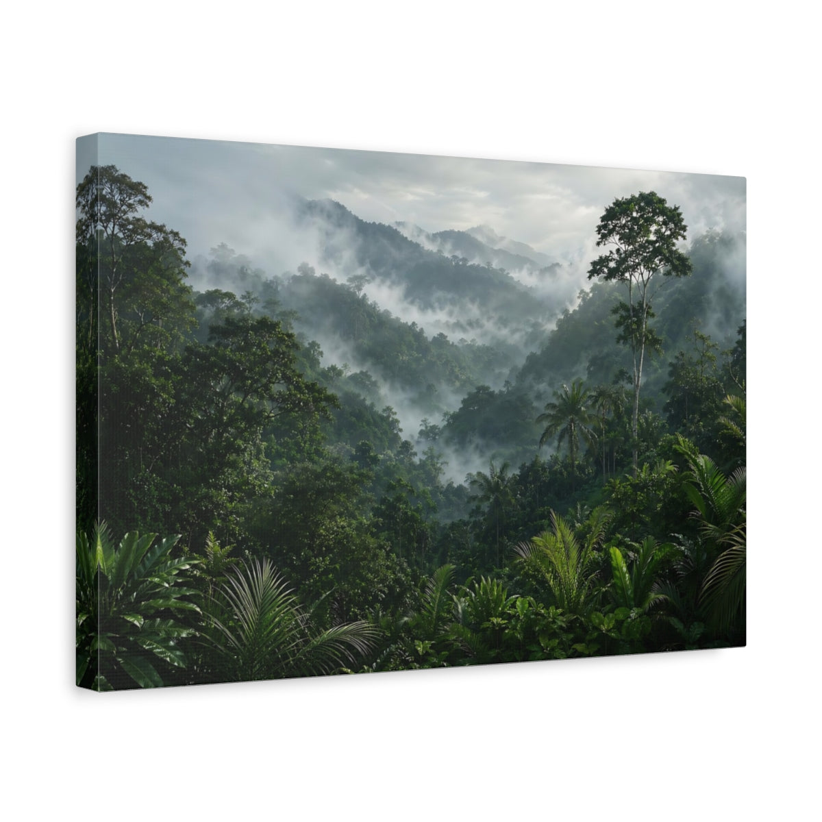 Side Mockup 4. Nature Misty Jungle Misty Green Forest shown as stretched canvas wall art