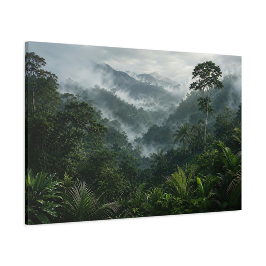 Main Mockup. Nature Misty Jungle Misty Green Forest shown as stretched canvas wall art