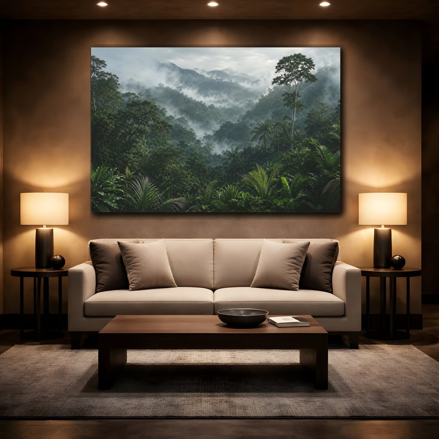 Mockup 2. Nature Misty Jungle Misty Green Forest shown as stretched canvas wall art