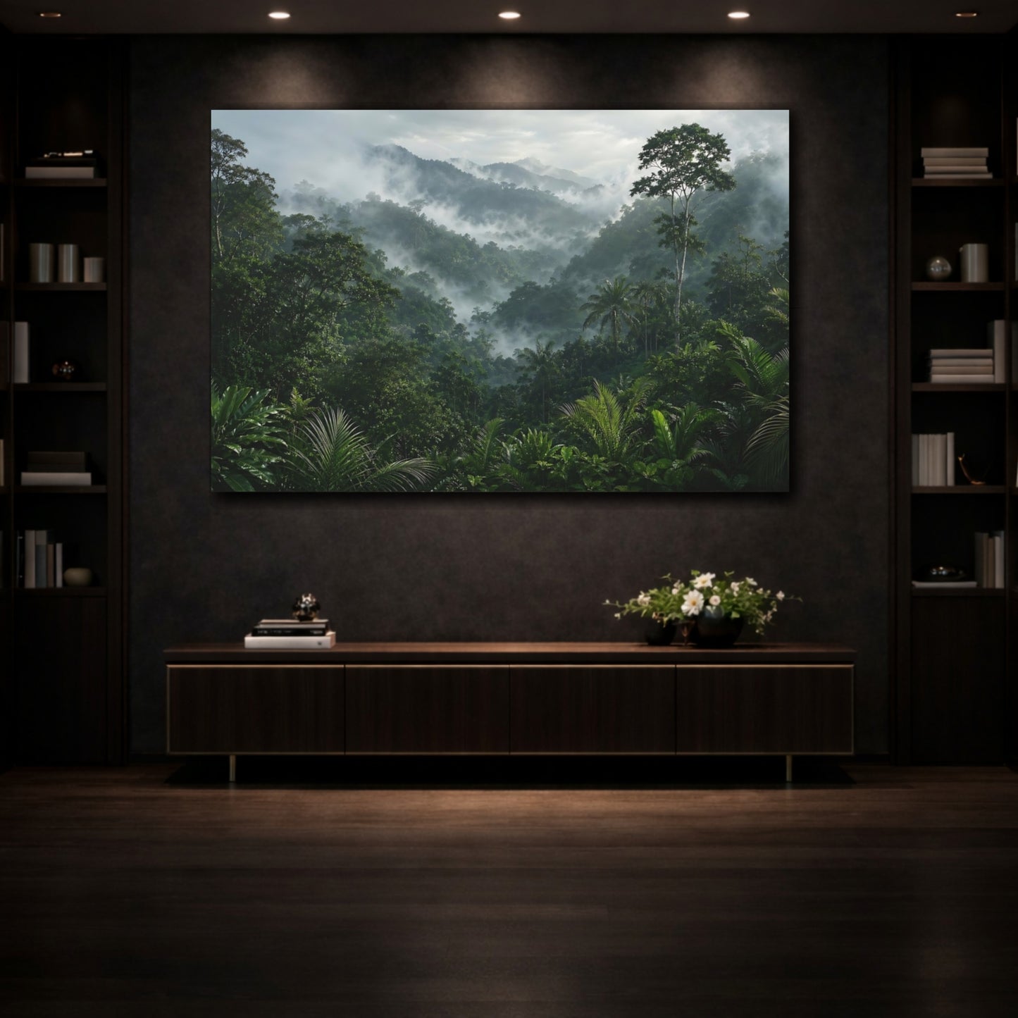 Mockup 3. Nature Misty Jungle Misty Green Forest shown as stretched canvas wall art