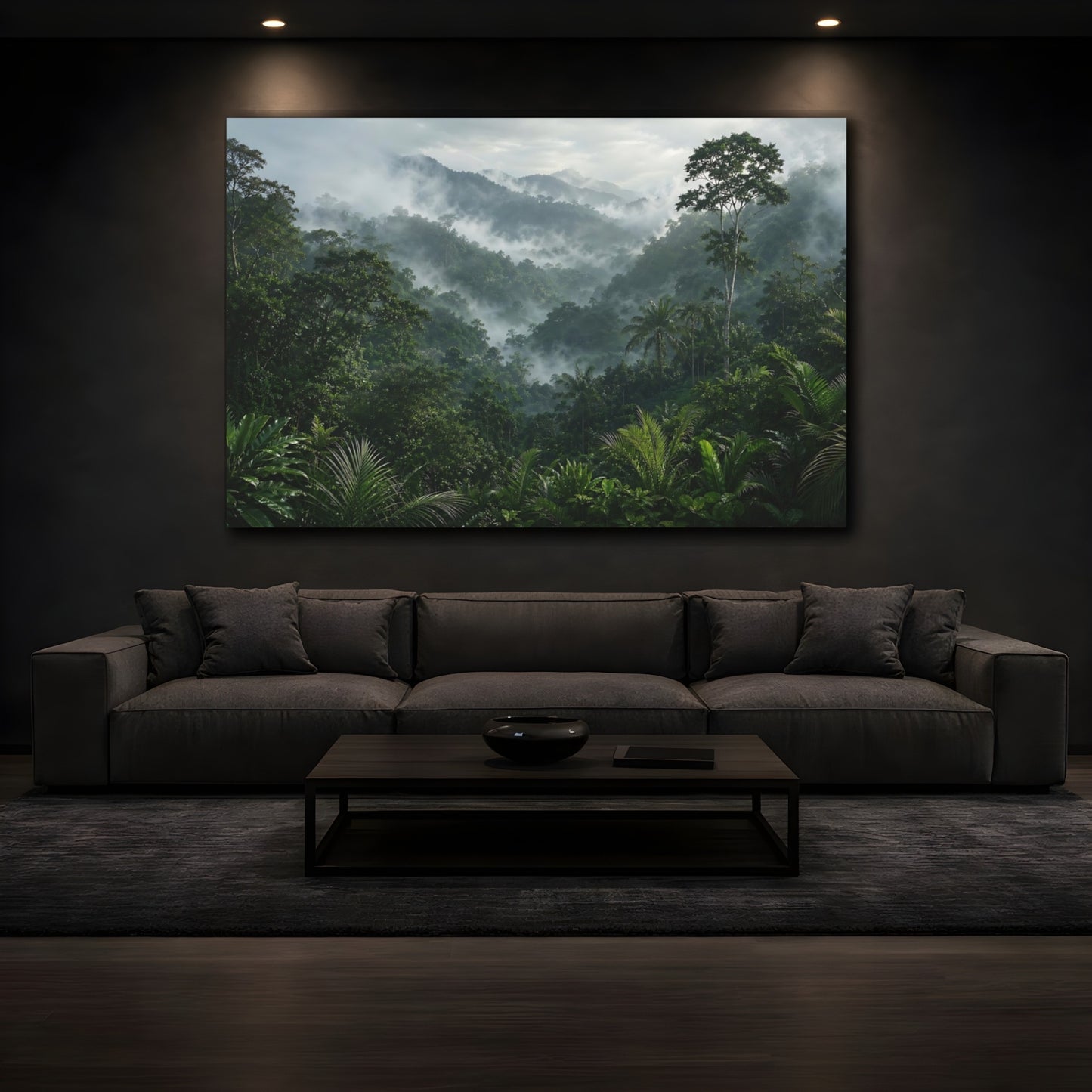 Mockup 4. Nature Misty Jungle Misty Green Forest shown as stretched canvas wall art