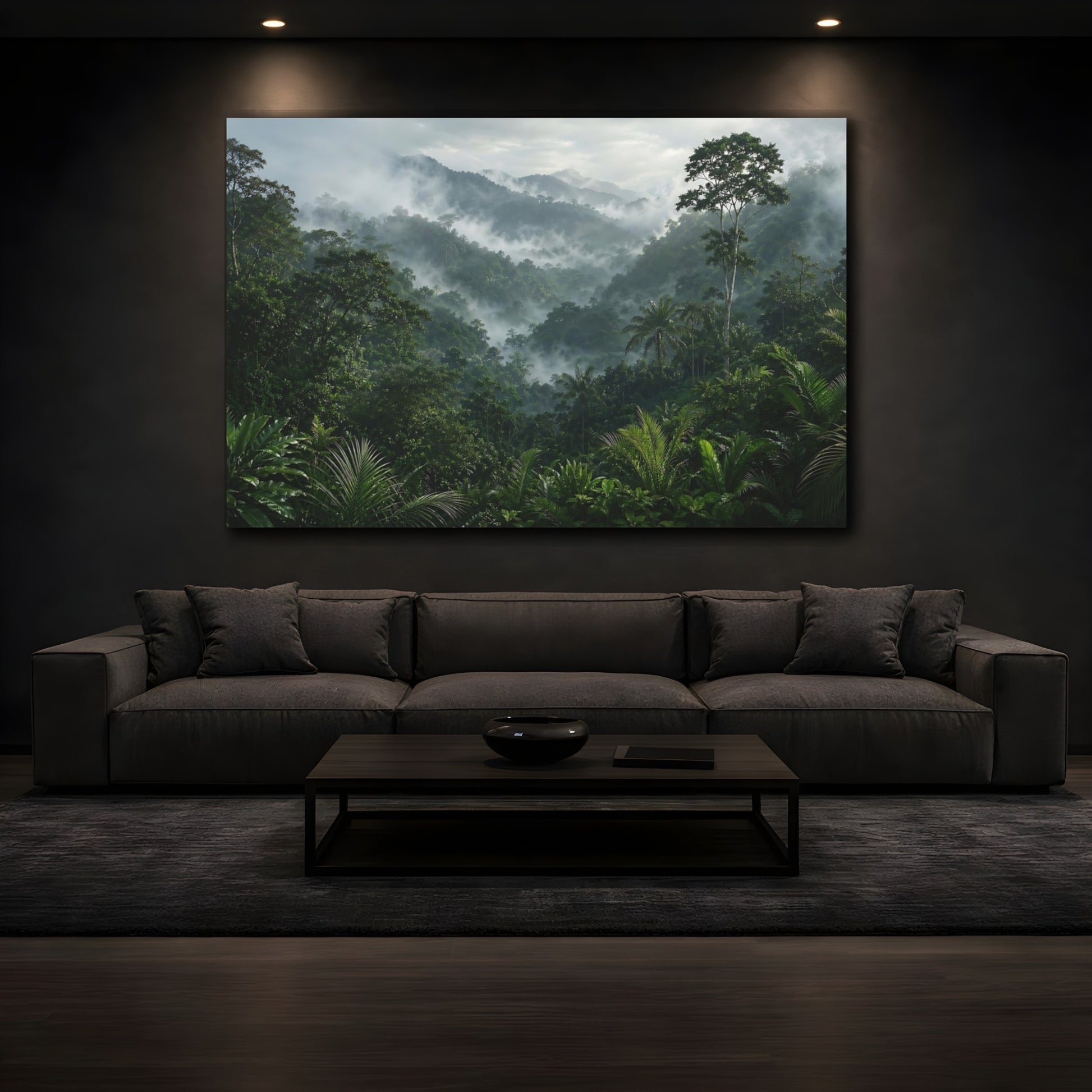Mockup 4. Nature Misty Jungle Misty Green Forest shown as stretched canvas wall art