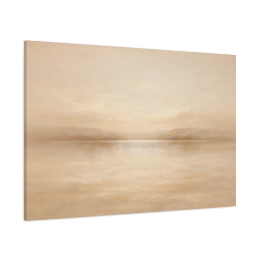 Main Mockup. Nature Misty Lake Beige And Tan shown as stretched canvas wall art