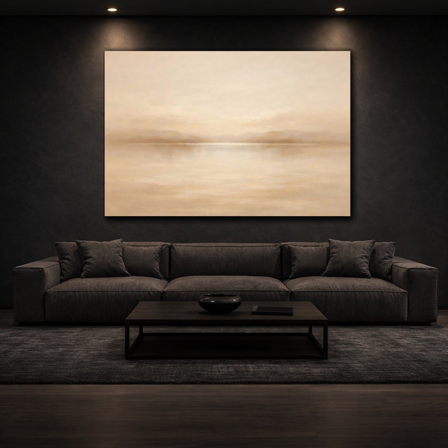 Mockup 2. Nature Misty Lake Beige And Tan shown as stretched canvas wall art