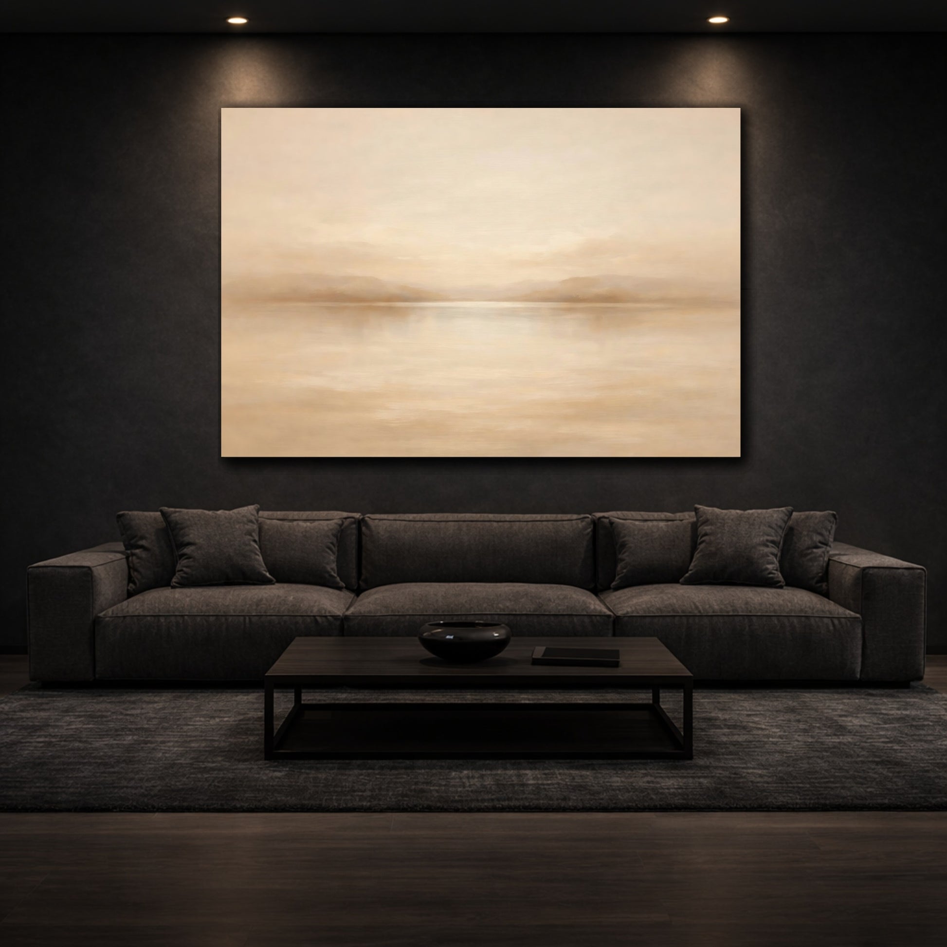 Mockup 2. Nature Misty Lake Beige And Tan shown as stretched canvas wall art
