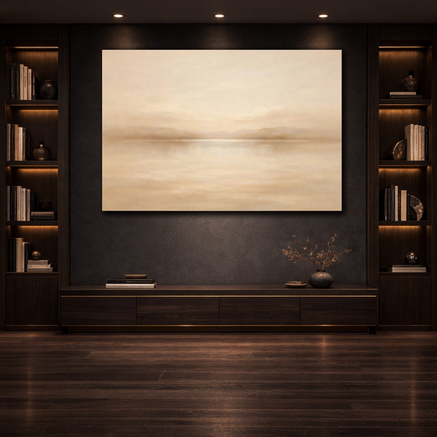 Mockup 3. Nature Misty Lake Beige And Tan shown as stretched canvas wall art