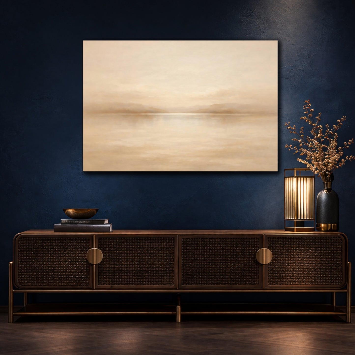 Mockup 4. Nature Misty Lake Beige And Tan shown as stretched canvas wall art