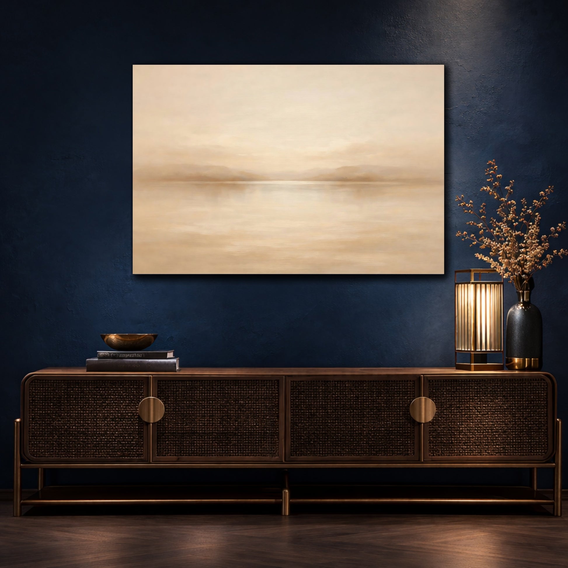 Mockup 4. Nature Misty Lake Beige And Tan shown as stretched canvas wall art