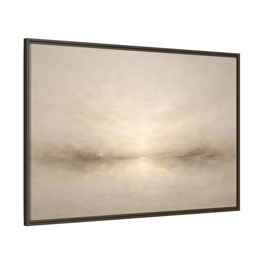 Main Mockup. Nature Misty Lake Beige Landscape shown as stretched canvas wall art