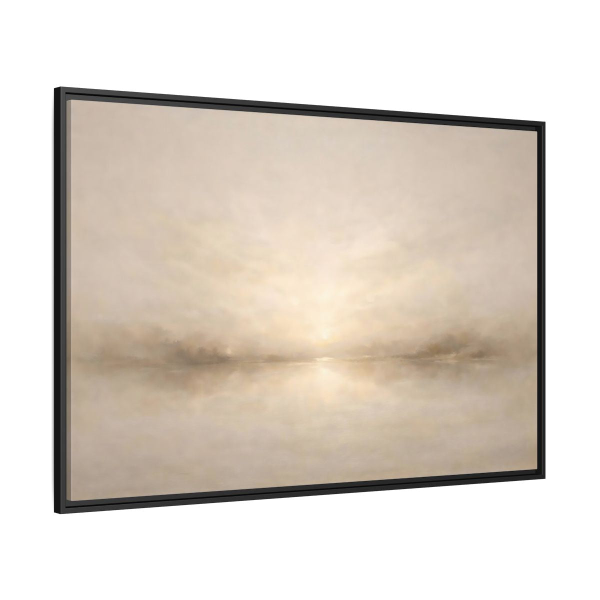 Side Mockup 12. Nature Misty Lake Beige Landscape shown as stretched canvas wall art
