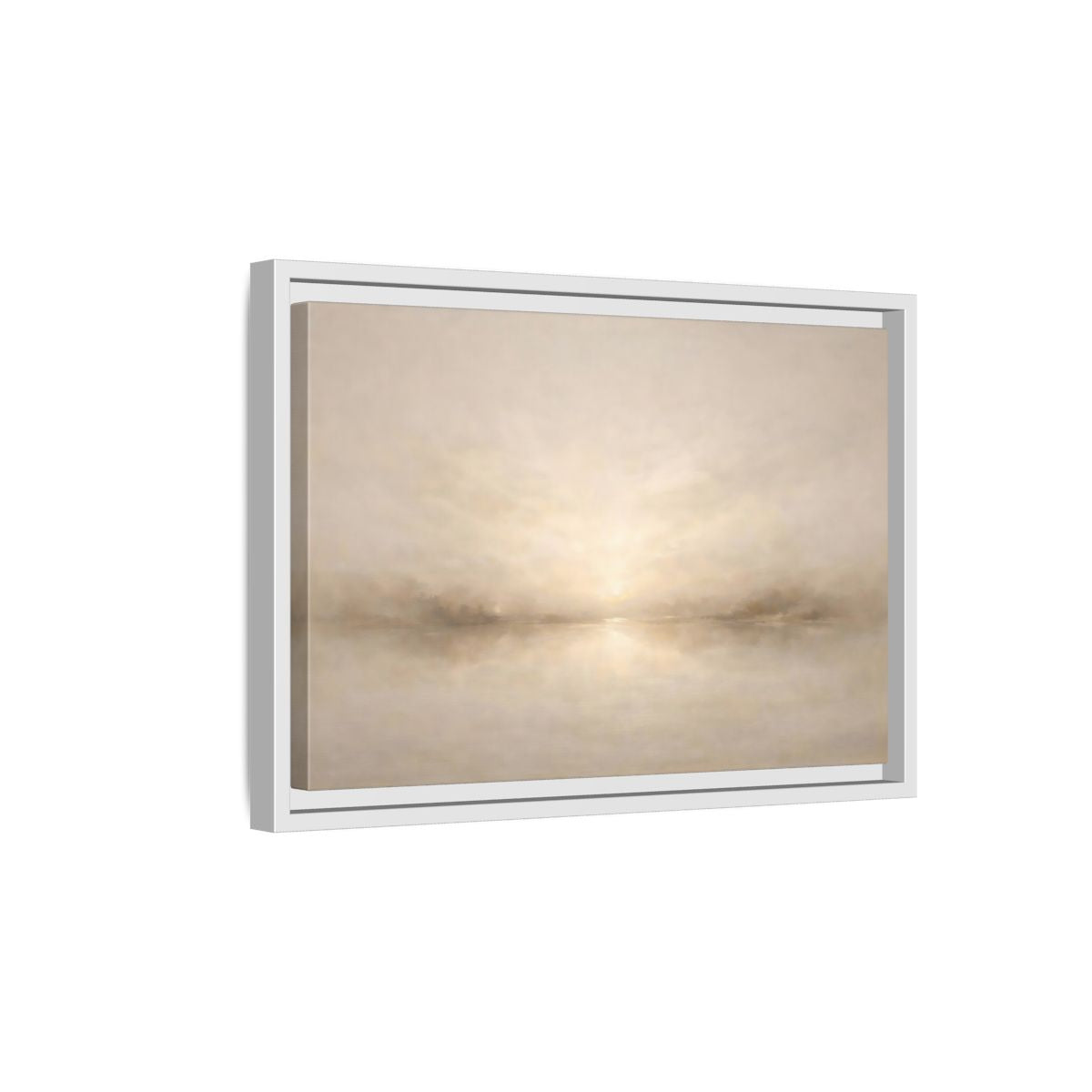 Side Mockup 4. Nature Misty Lake Beige Landscape shown as stretched canvas wall art