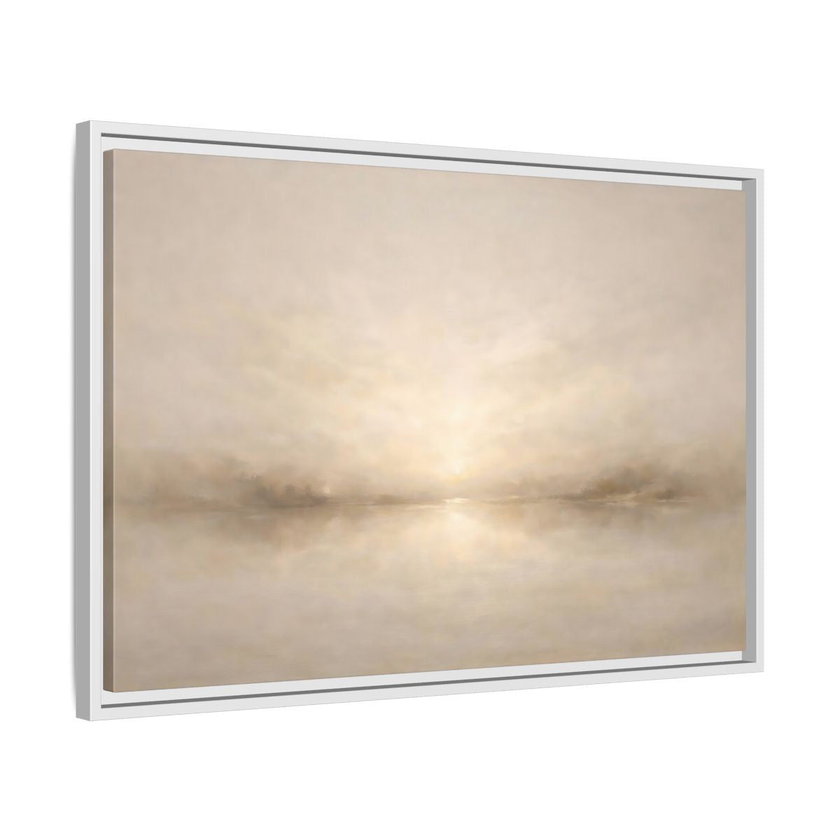 Side Mockup 10. Nature Misty Lake Beige Landscape shown as stretched canvas wall art