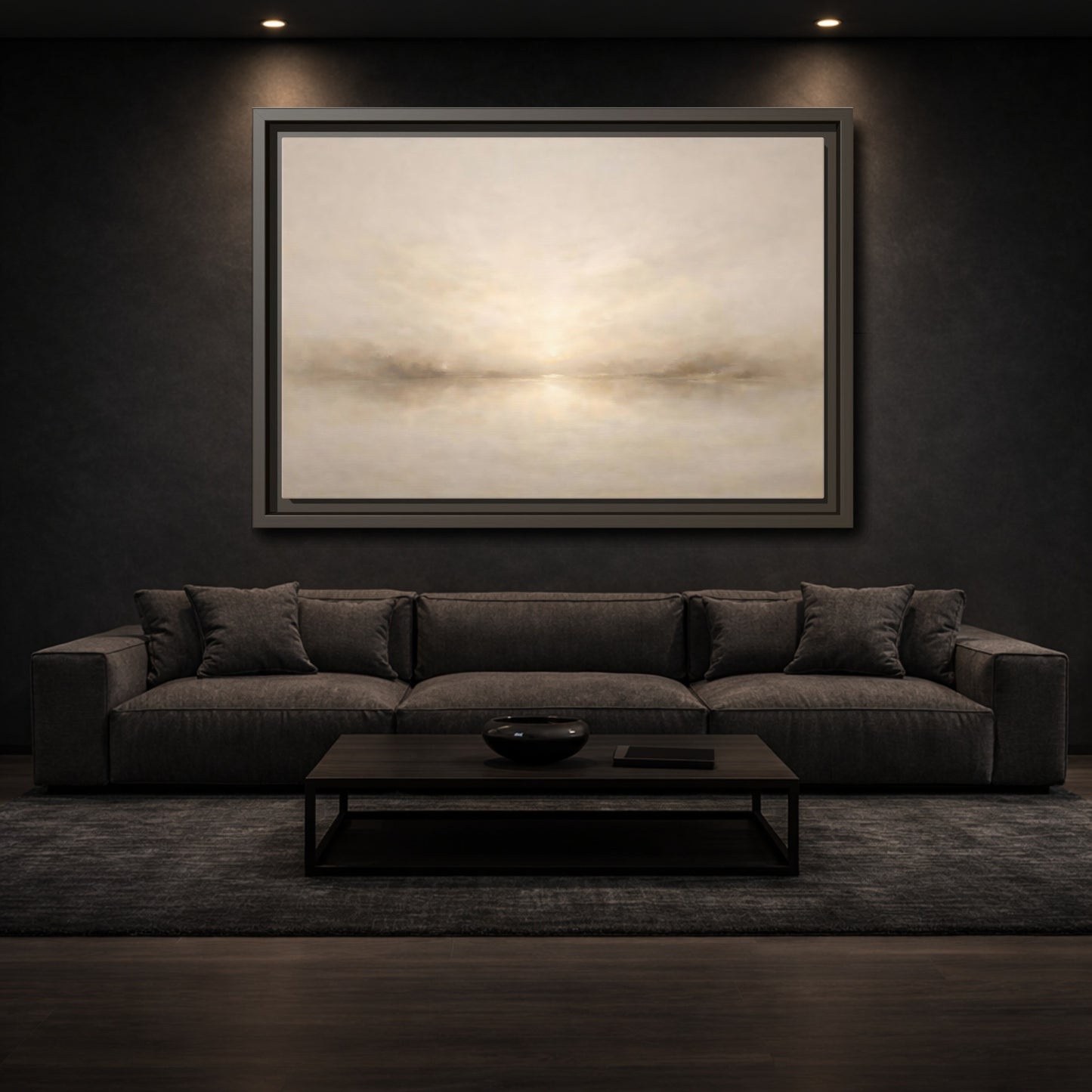 Mockup 2. Nature Misty Lake Beige Landscape shown as stretched canvas wall art