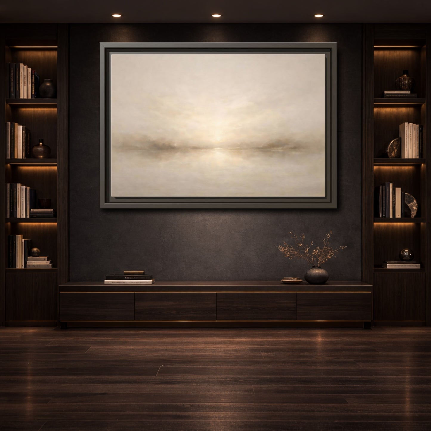 Mockup 3. Nature Misty Lake Beige Landscape shown as stretched canvas wall art