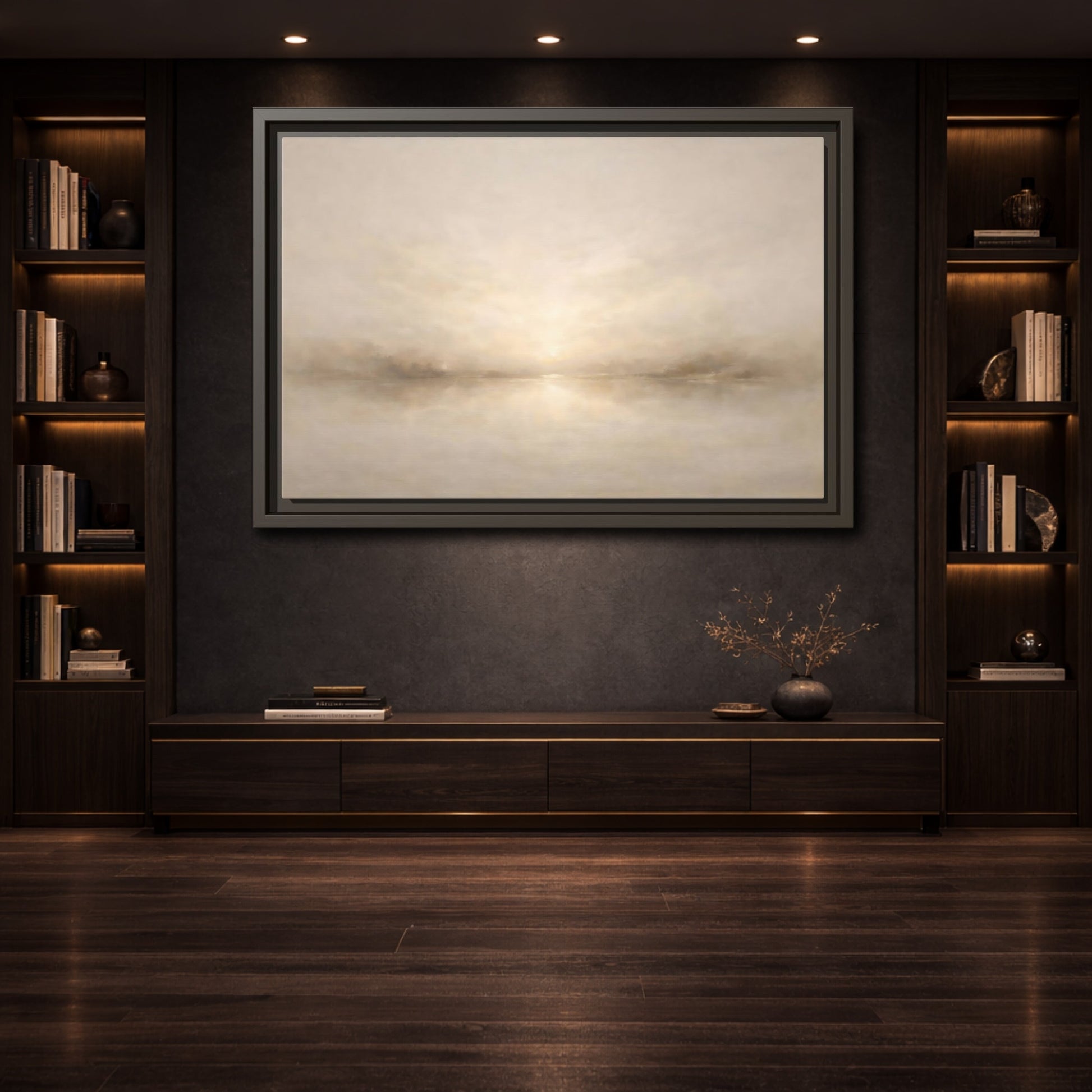Mockup 3. Nature Misty Lake Beige Landscape shown as stretched canvas wall art