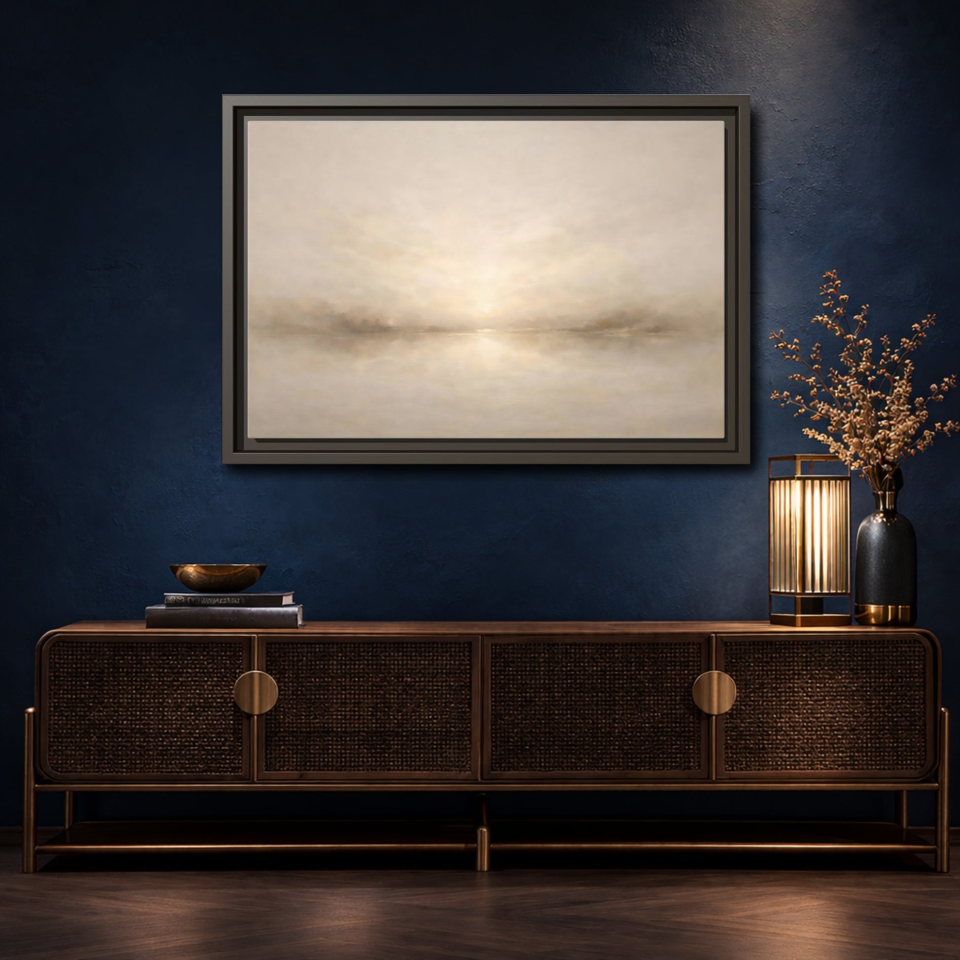 Mockup 4. Nature Misty Lake Beige Landscape shown as stretched canvas wall art
