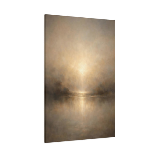 Main Mockup. Nature Misty Lake Brown And Gold shown as stretched canvas wall art