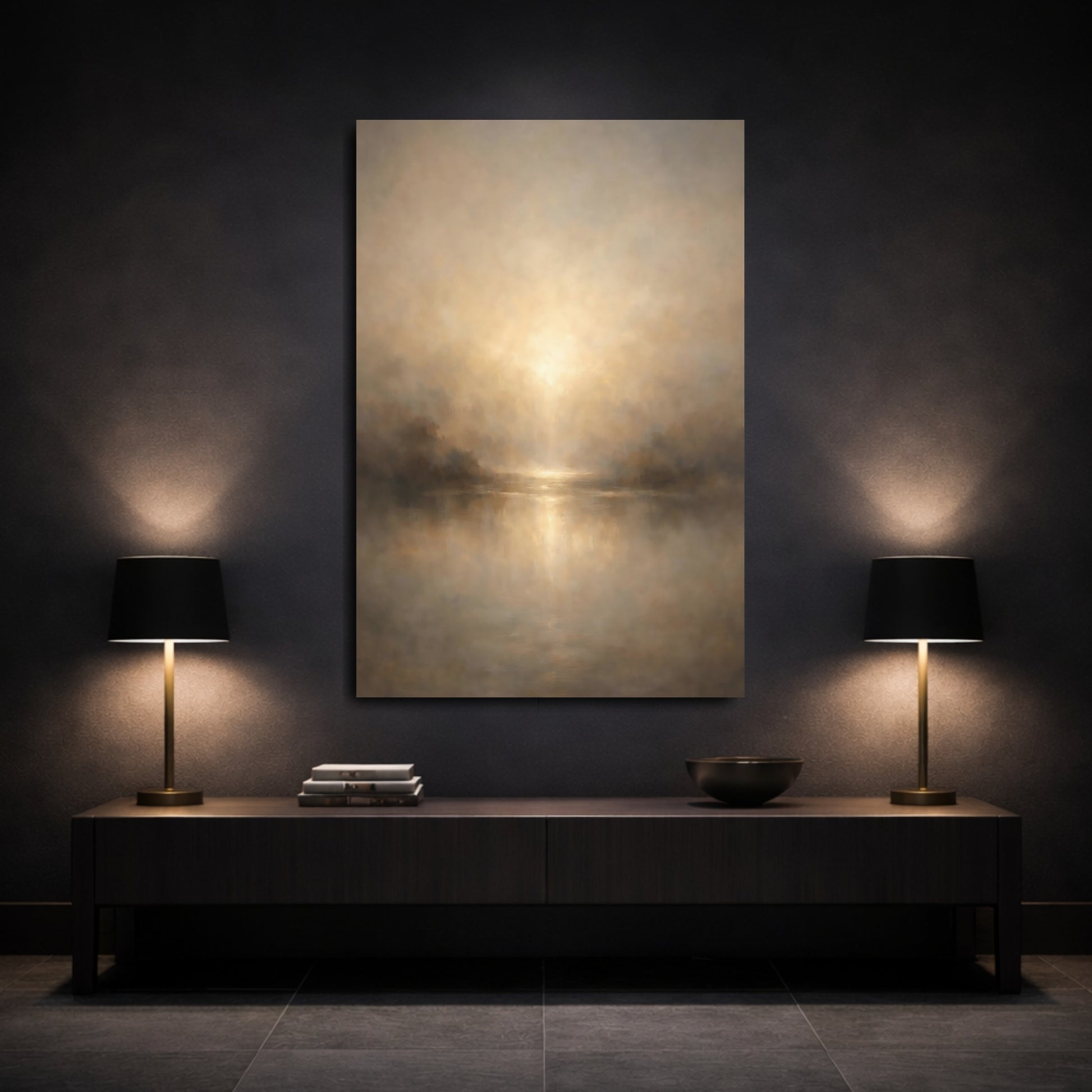 Mockup 2. Nature Misty Lake Brown And Gold shown as stretched canvas wall art