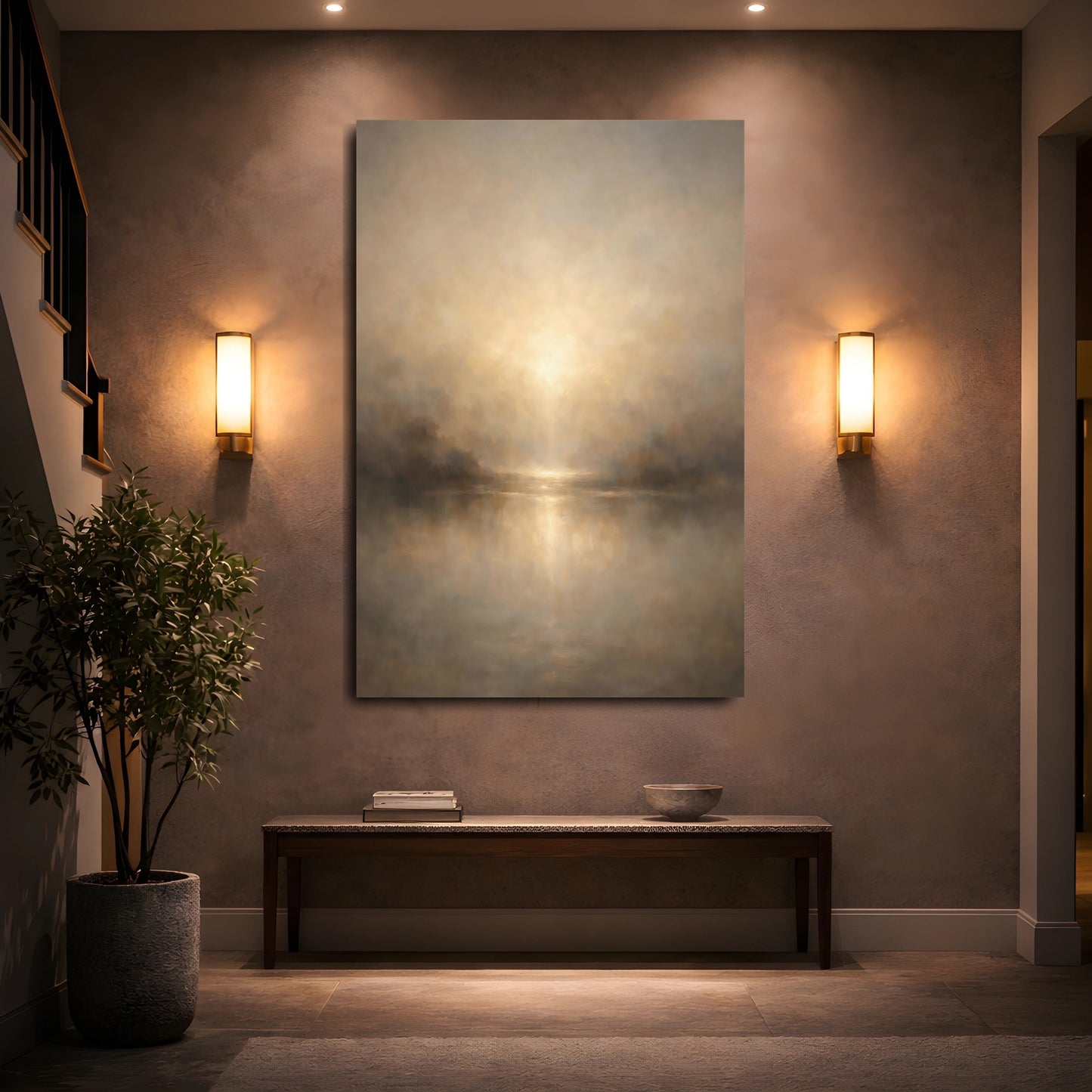 Mockup 4. Nature Misty Lake Brown And Gold shown as stretched canvas wall art