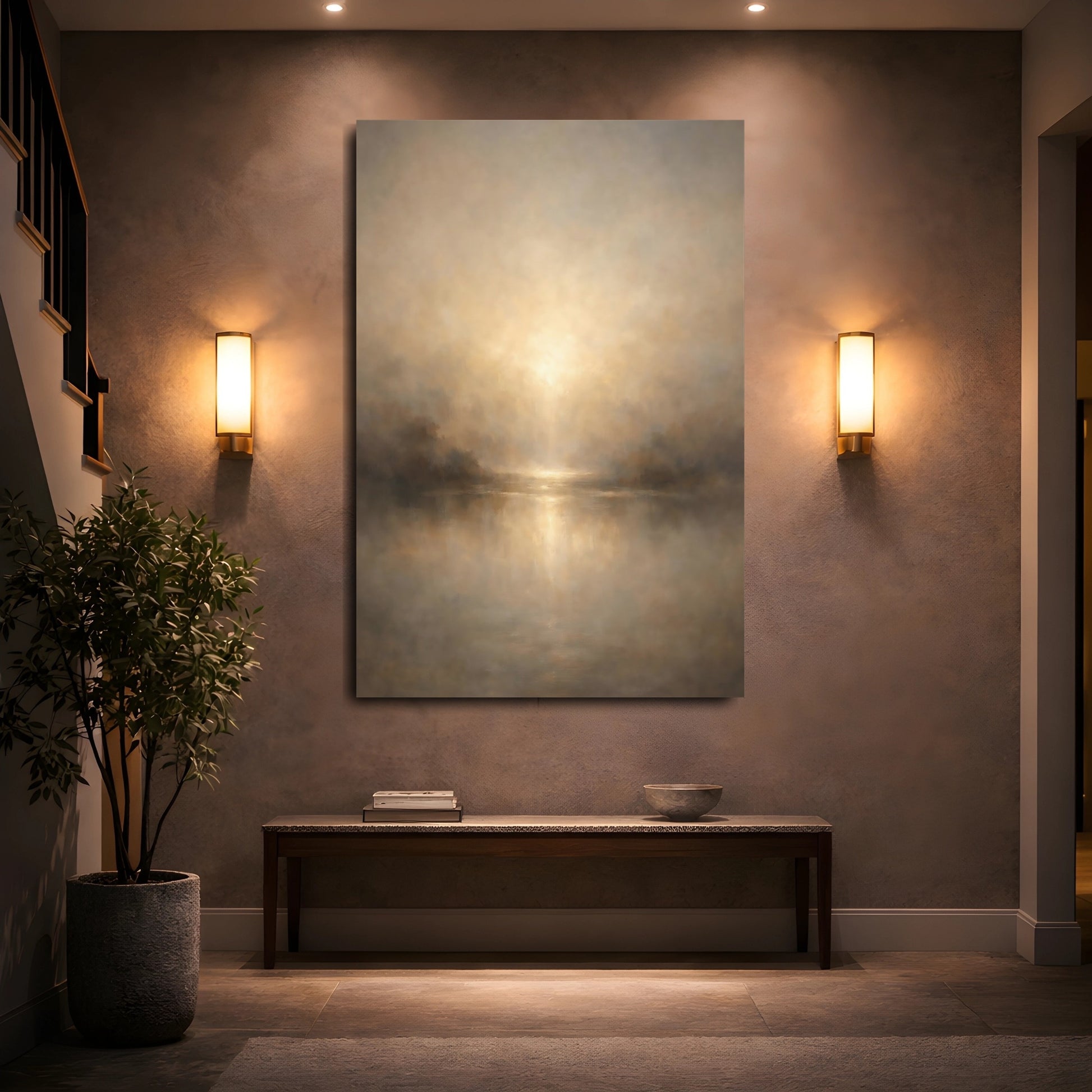 Mockup 4. Nature Misty Lake Brown And Gold shown as stretched canvas wall art