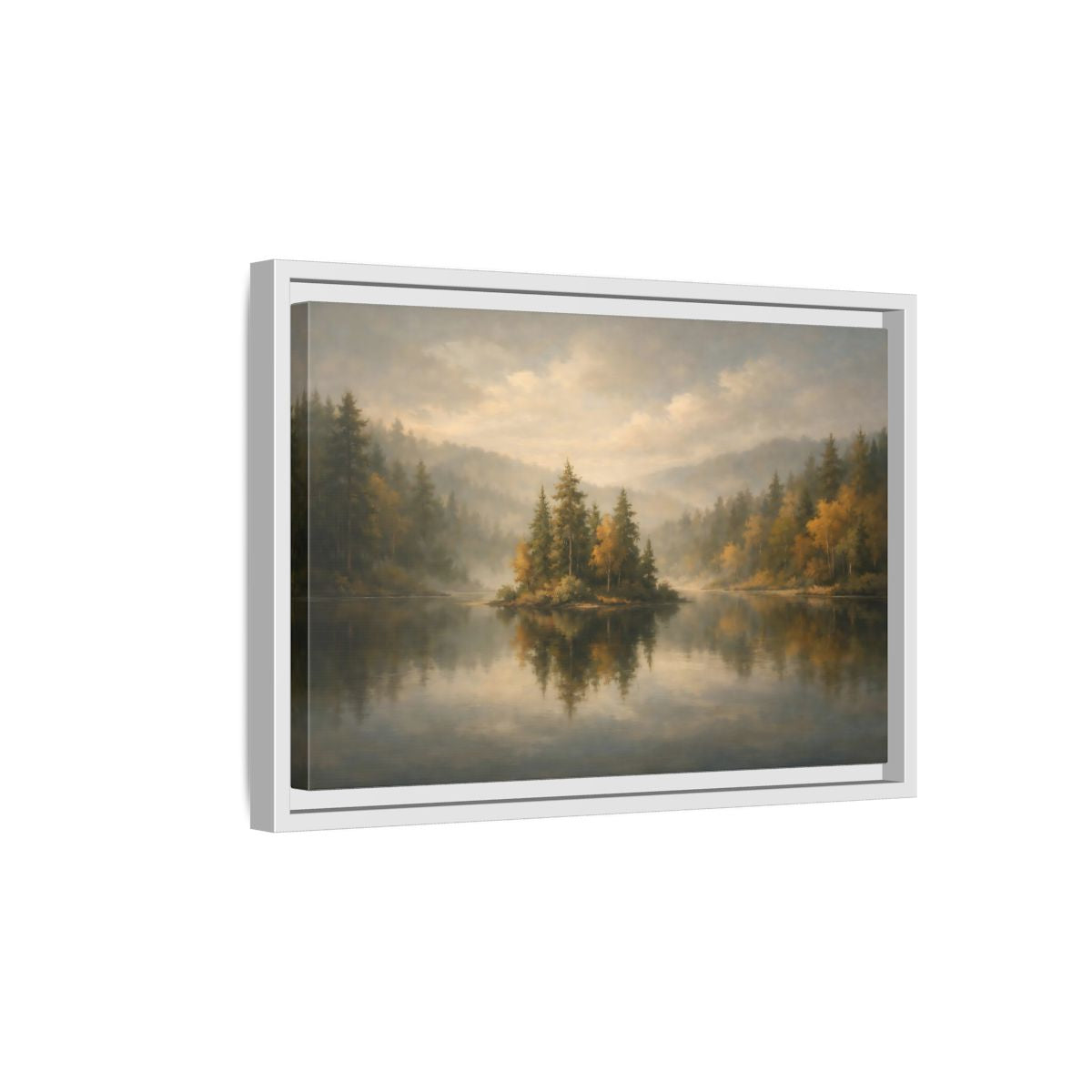 Side Mockup 4. Nature Misty Lake Misty Forest shown as stretched canvas wall art