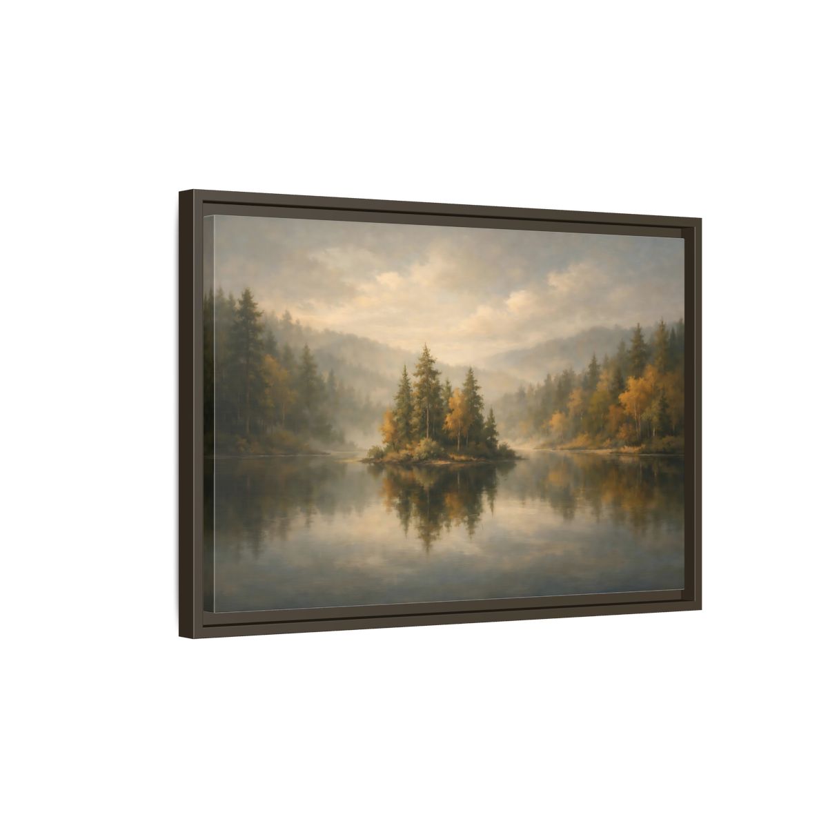 Side Mockup 2. Nature Misty Lake Misty Forest shown as stretched canvas wall art