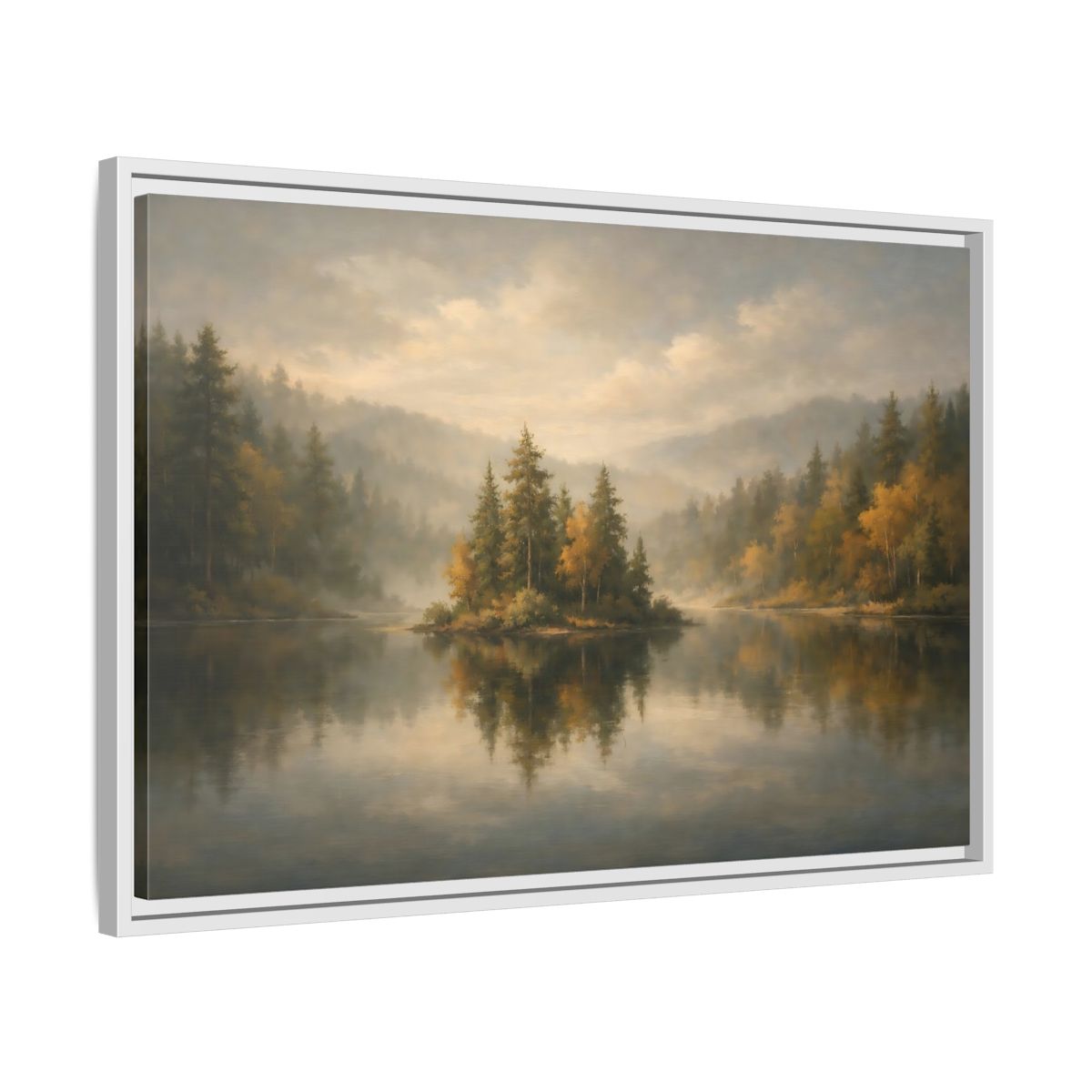 Side Mockup 10. Nature Misty Lake Misty Forest shown as stretched canvas wall art