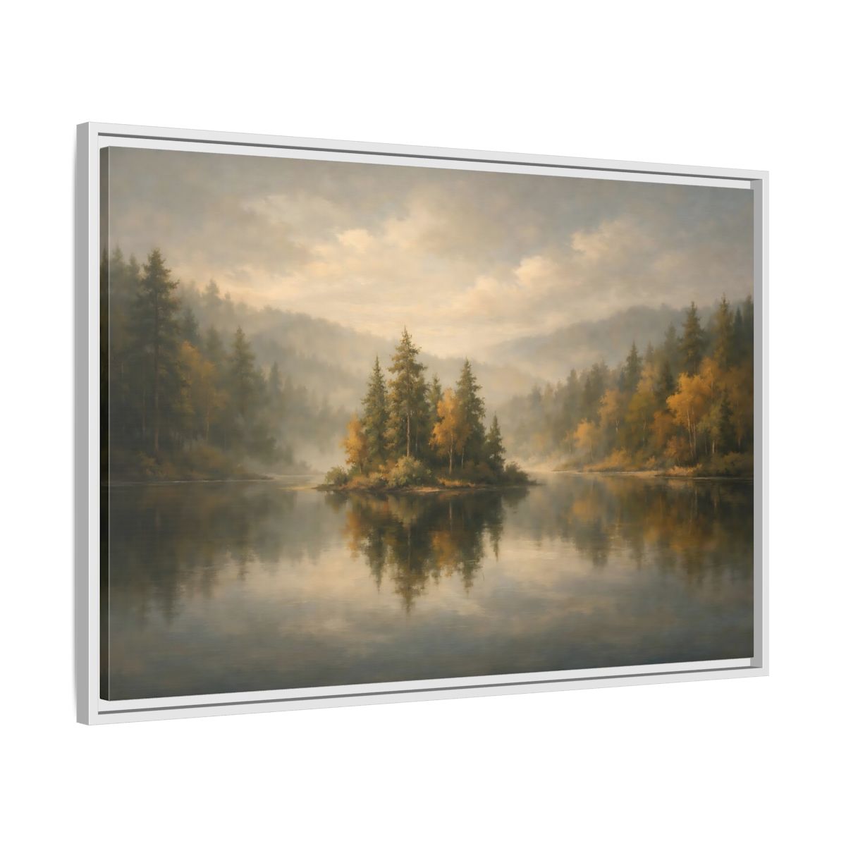 Side Mockup 8. Nature Misty Lake Misty Forest shown as stretched canvas wall art