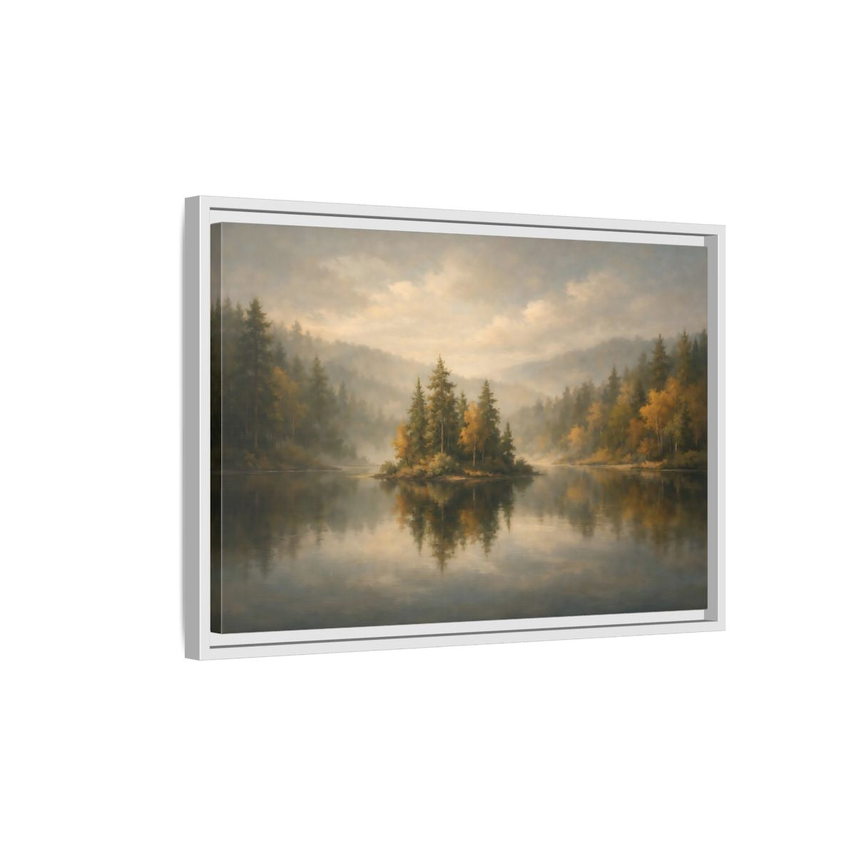 Side Mockup 1. Nature Misty Lake Misty Forest shown as stretched canvas wall art