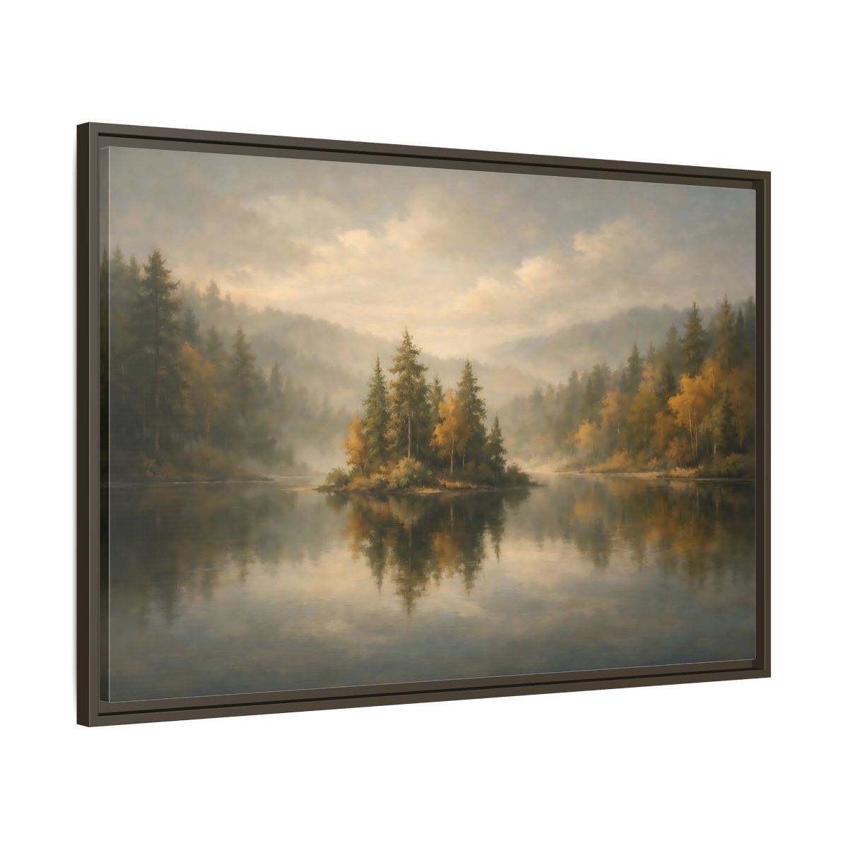 Side Mockup 9. Nature Misty Lake Misty Forest shown as stretched canvas wall art