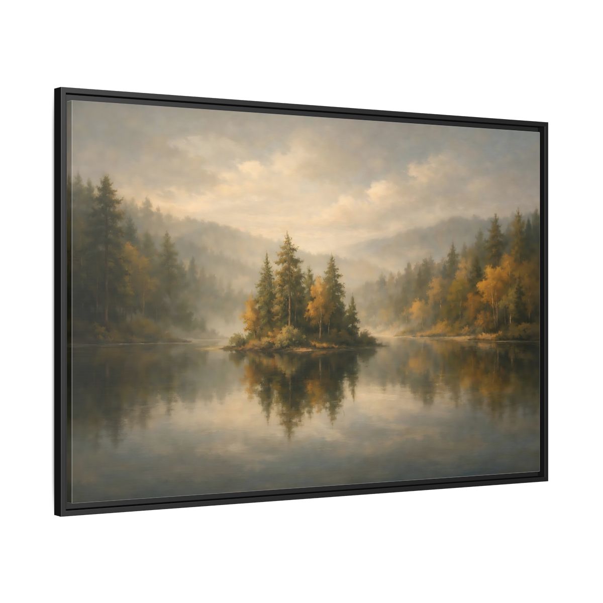 Side Mockup 12. Nature Misty Lake Misty Forest shown as stretched canvas wall art