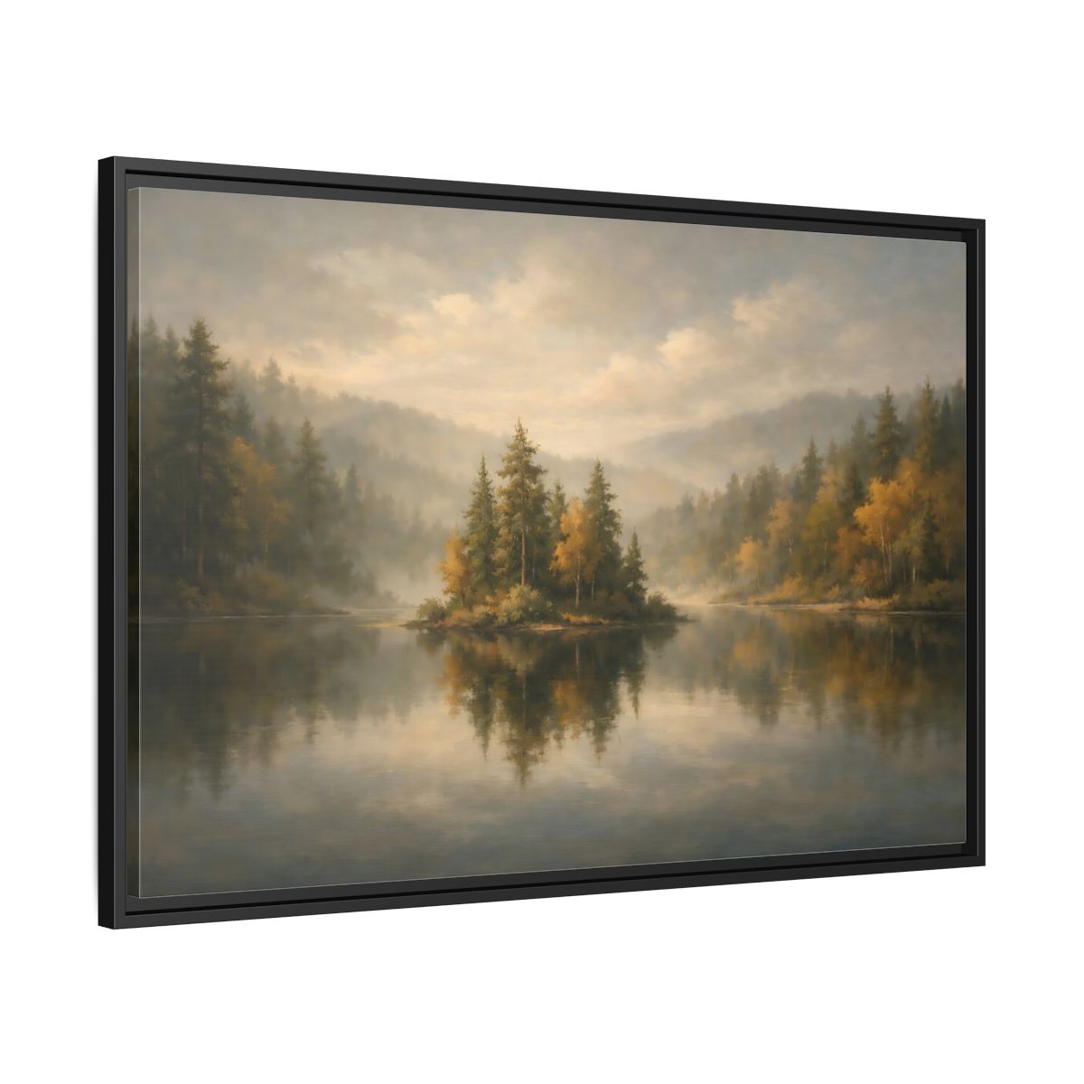 Side Mockup 13. Nature Misty Lake Misty Forest shown as stretched canvas wall art