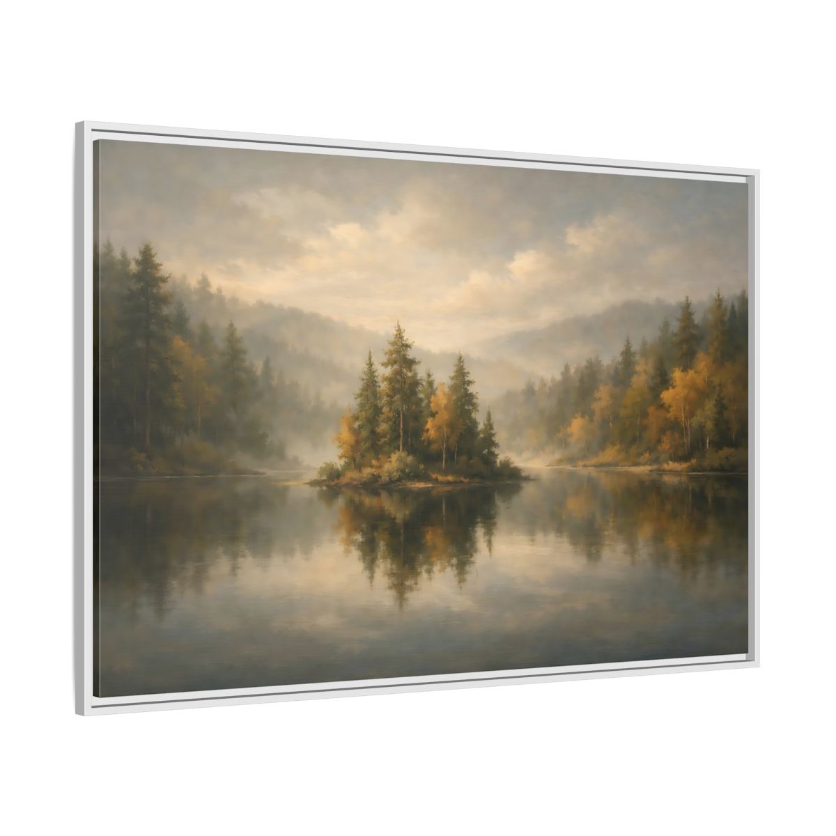 Side Mockup 7. Nature Misty Lake Misty Forest shown as stretched canvas wall art