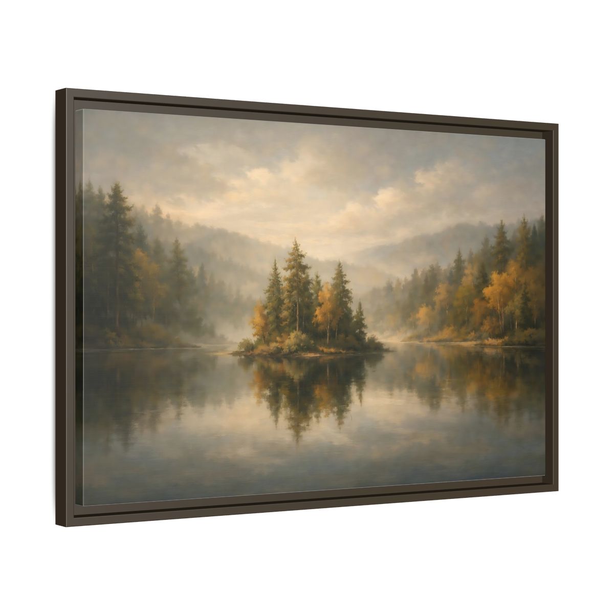 Side Mockup 11. Nature Misty Lake Misty Forest shown as stretched canvas wall art