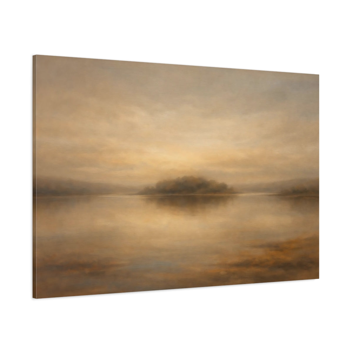 Main Mockup. Nature Misty Lake Golden Brown Lake shown as stretched canvas wall art