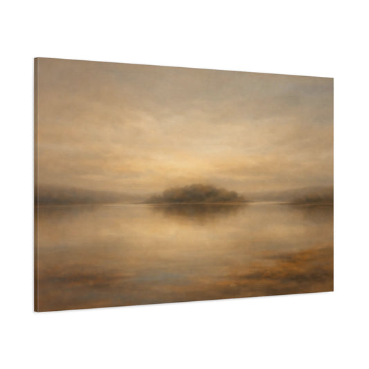 Main Mockup. Nature Misty Lake Golden Brown Lake shown as stretched canvas wall art