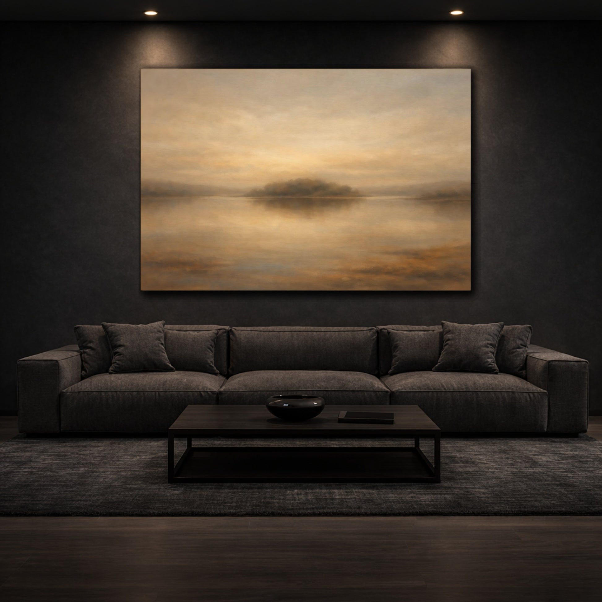 Mockup 2. Nature Misty Lake Golden Brown Lake shown as stretched canvas wall art