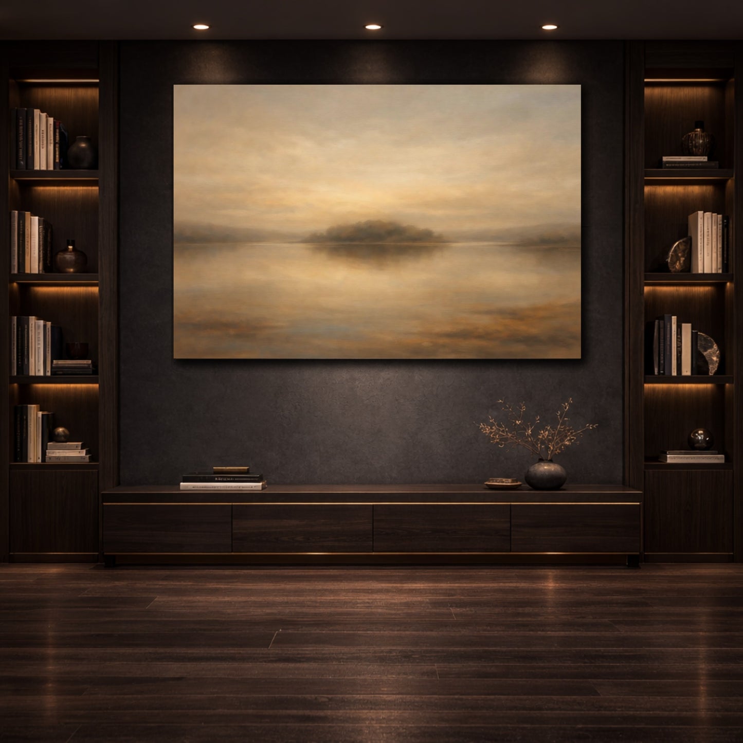 Mockup 3. Nature Misty Lake Golden Brown Lake shown as stretched canvas wall art