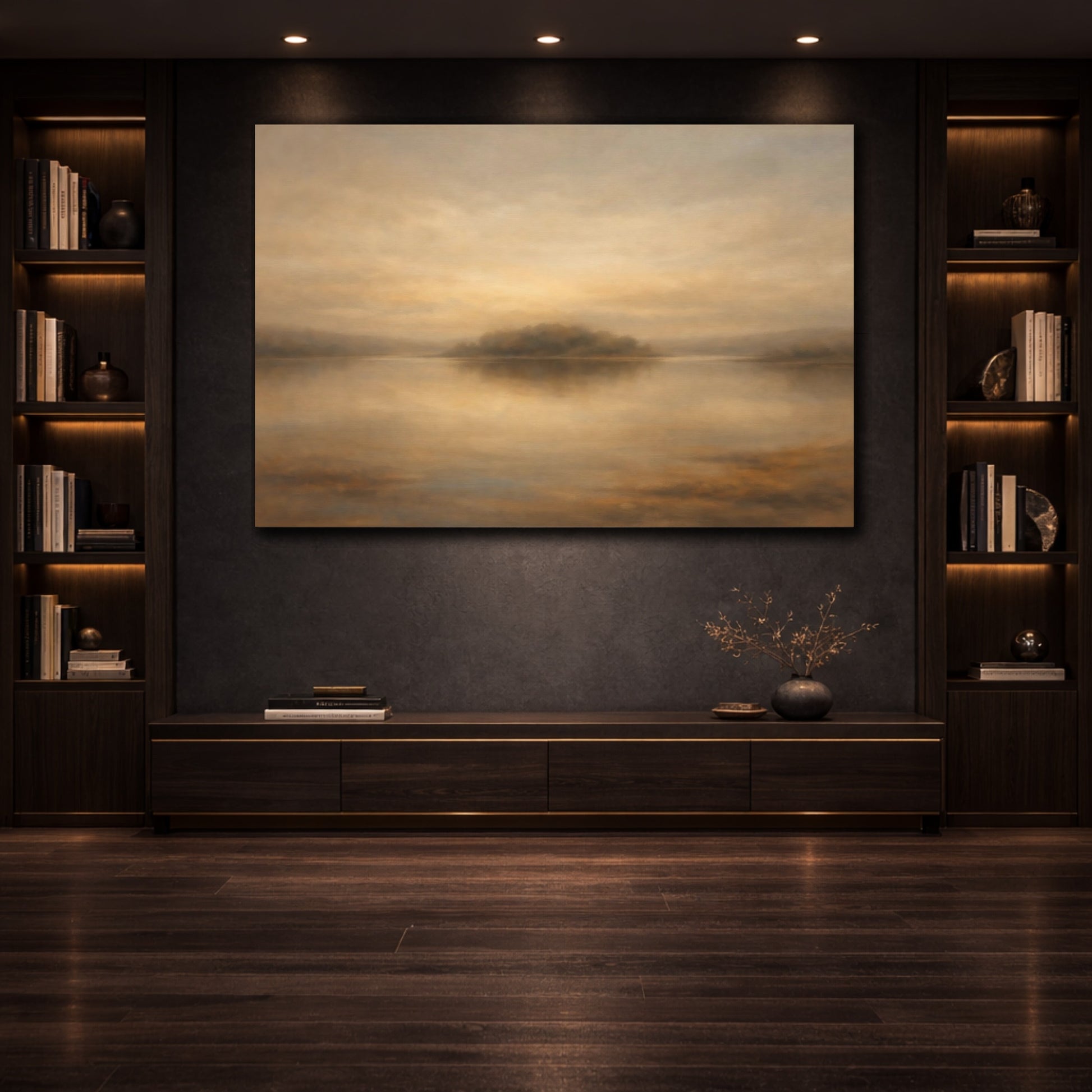 Mockup 3. Nature Misty Lake Golden Brown Lake shown as stretched canvas wall art